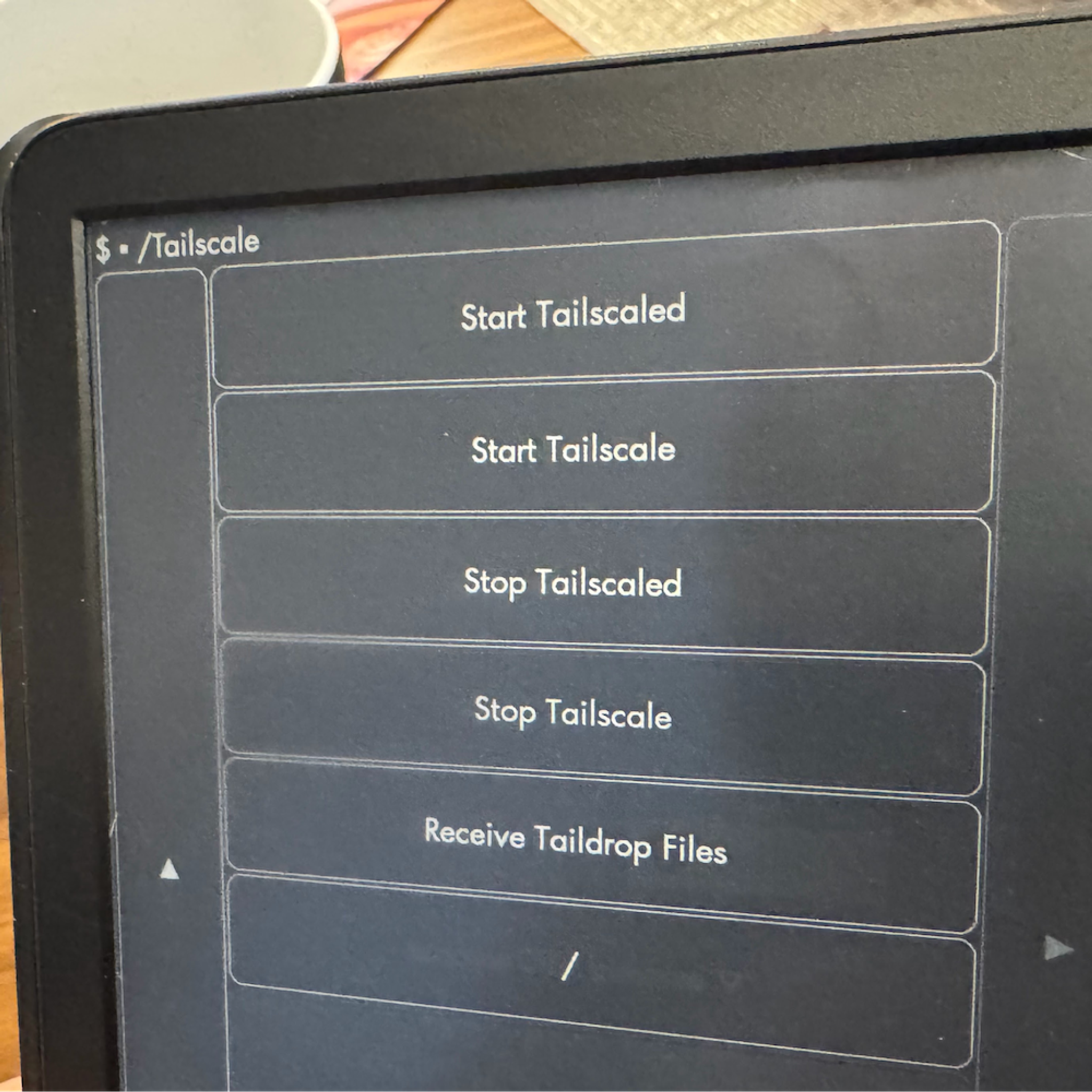 Close-up of a Kindle screen, showing the "/Tailscale" menu in large buttons: "Start Tailscaled," "Start Tailscale," "Stop Tailscaled," "Stop Tailscale," "Receive Taildrop Files," and "/" (which is end or "go back").
