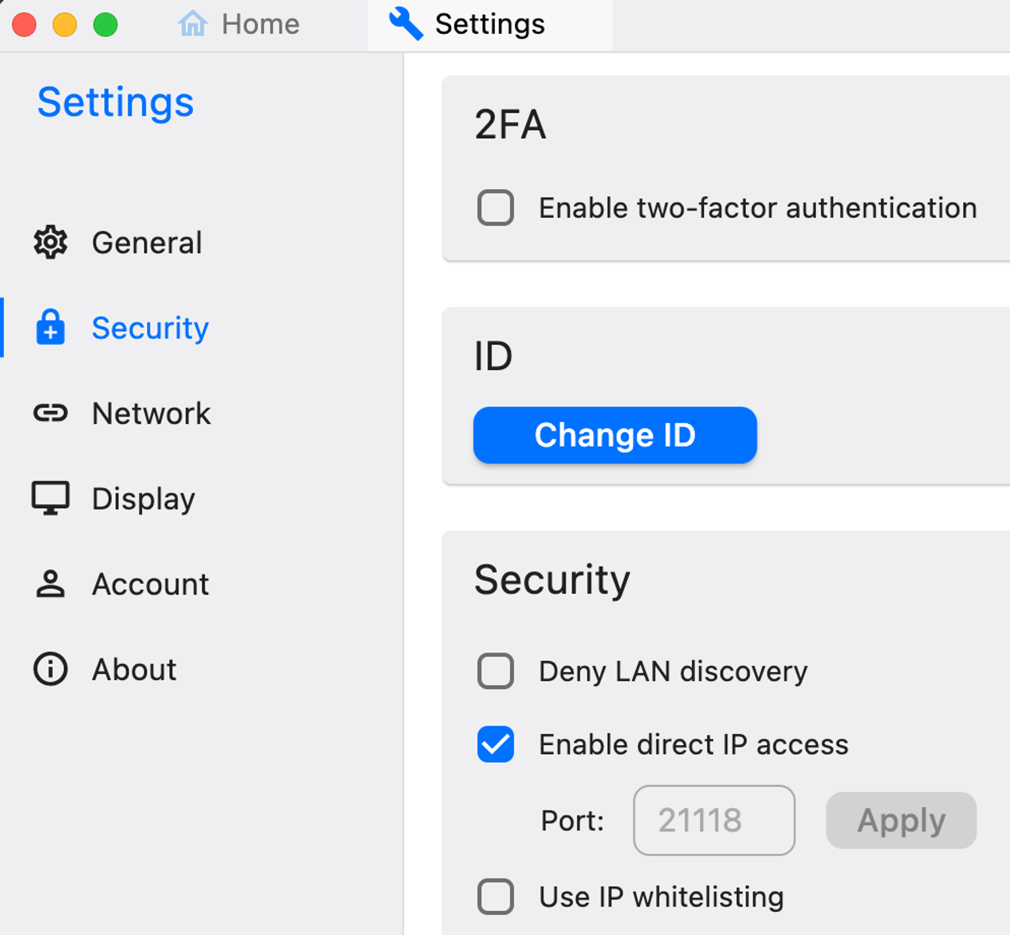 Settings screen inside RustDesk, with "Enalbe direct IP access" box ticked and enabled.