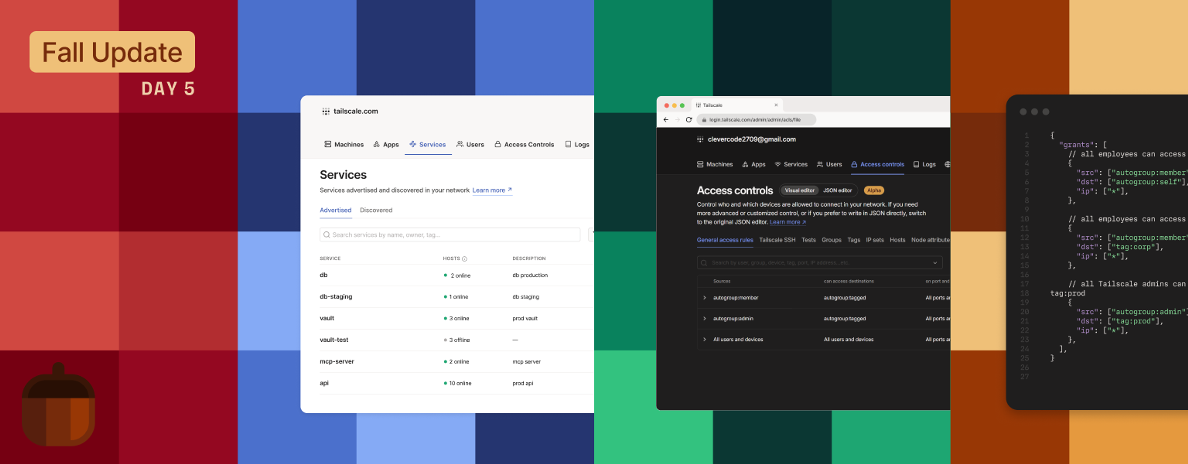 Checked square background, divided into four colors horizontally (red, blue, green, orange, left to right). Screenshots, left to right, from Services on the admin console, Access controls on the admin console, and a grants JSON file (from Tailscale App Capabilities). In the upper-left corner: Fall Update, Day 5