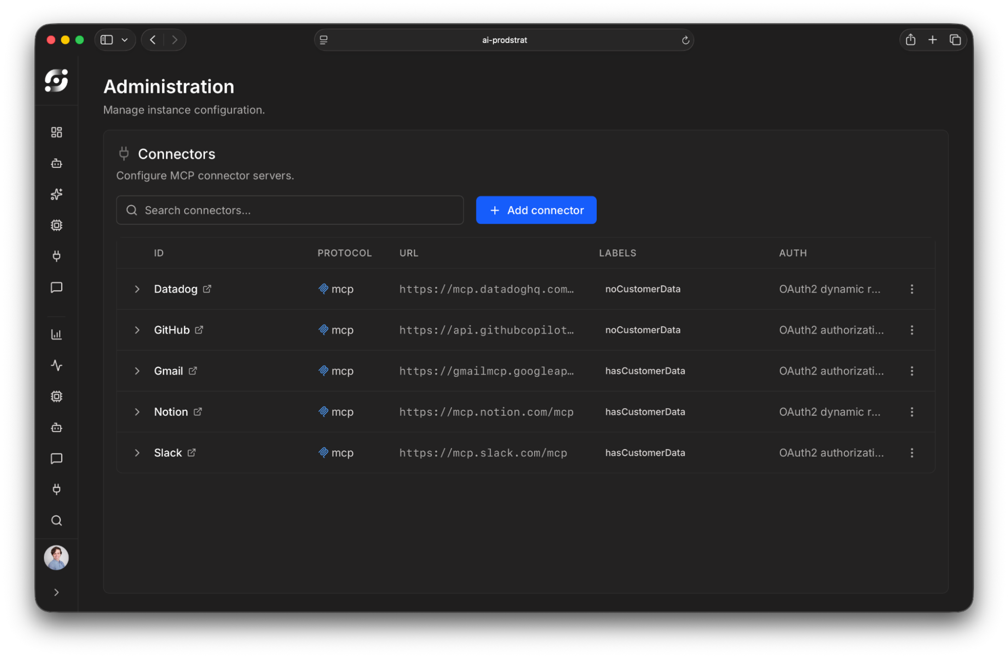 Administration interface displaying configured MCP connectors including Datadog, GitHub, Gmail, Notion, and Slack with their respective URLs, authentication methods, and customer data labels. The management dashboard allows users to search, add, and configure connector servers for instance configuration.