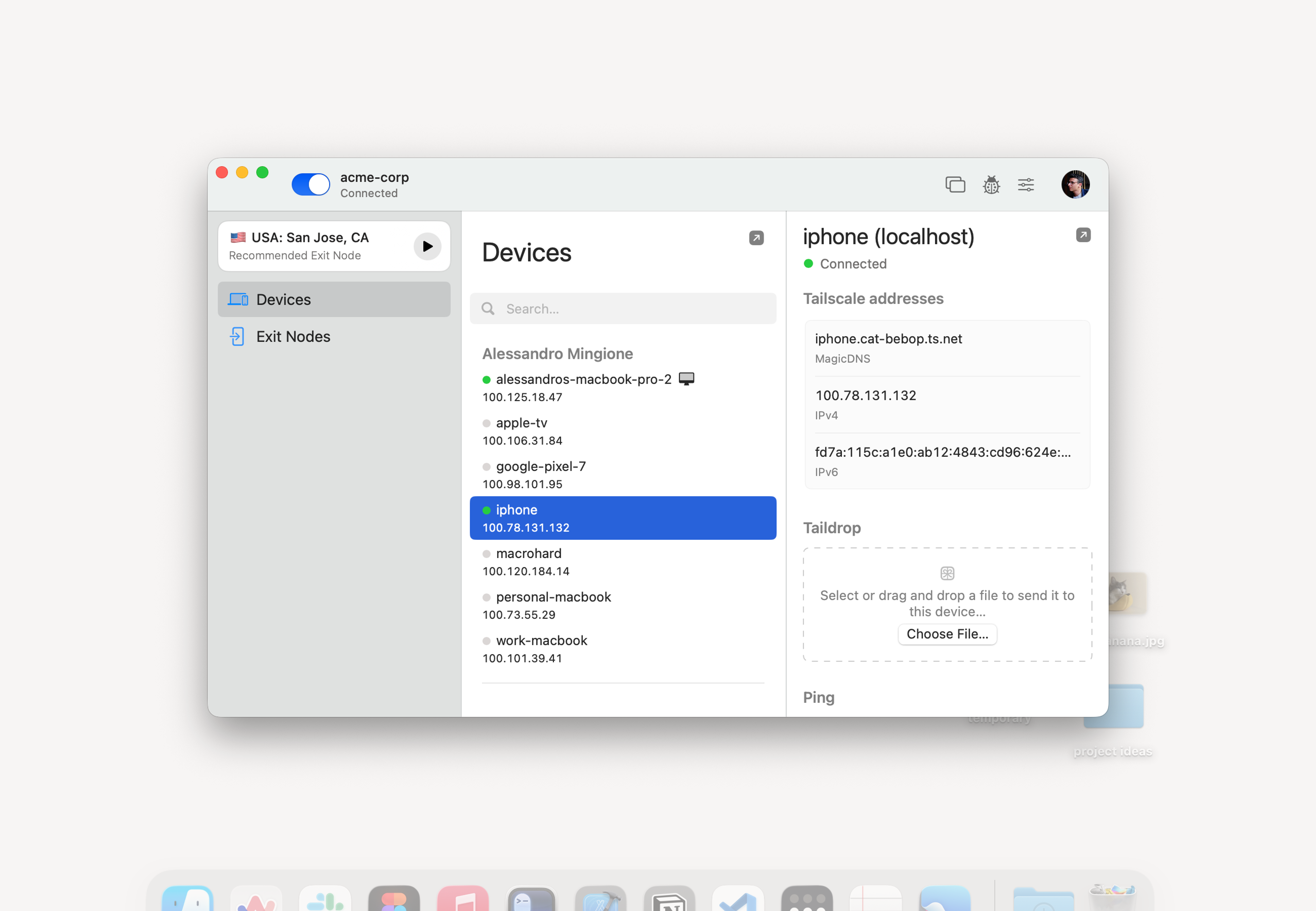 Tailscale's windowed interface open, with a device selected, and details about the device, including IP address and connection status, showing in a right-hand panel.