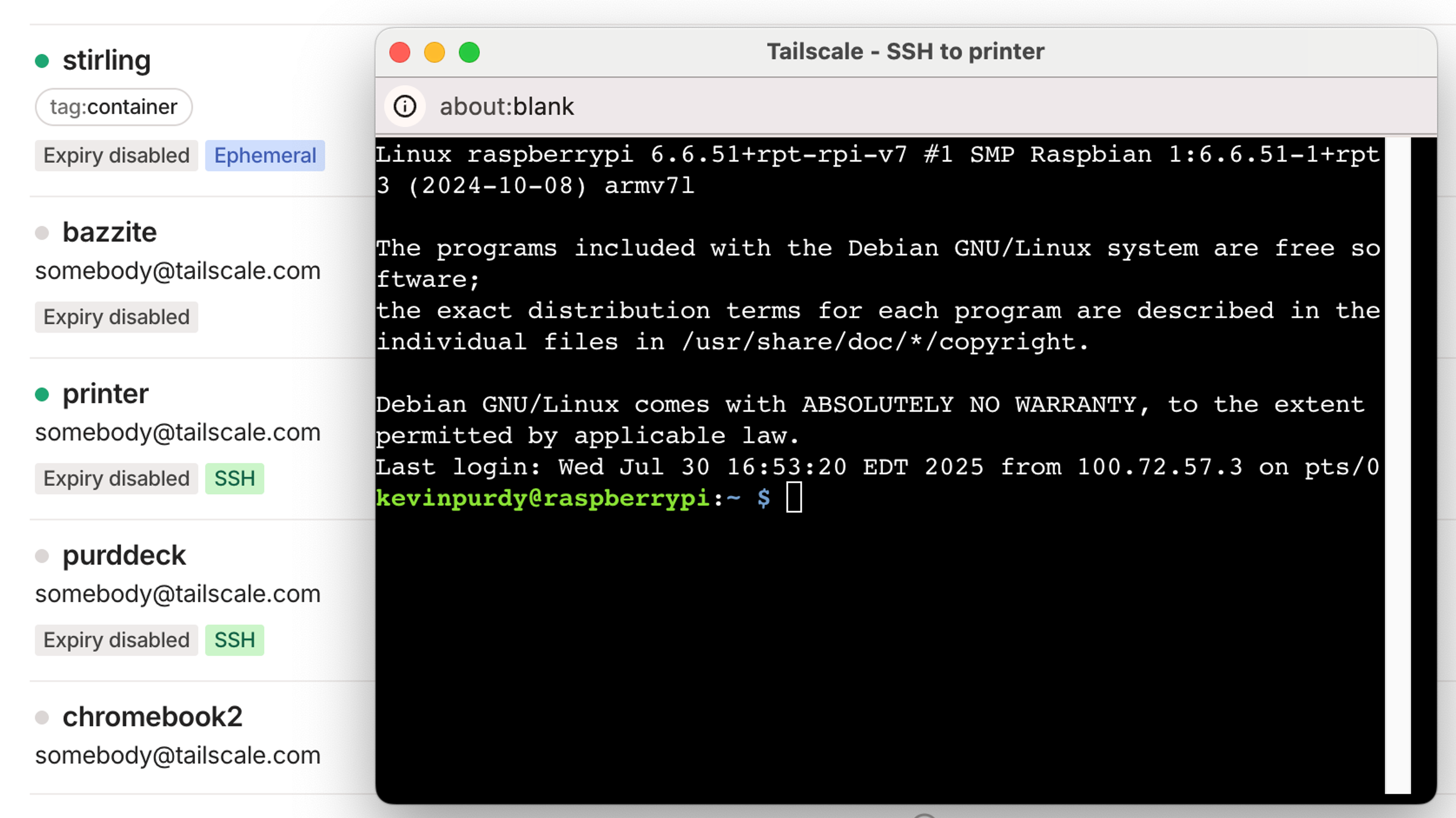 SSH window open next to the Tailscale admin console, with "Tailscale - SSH to printer" in the title bar, and devices like "bazzite" and "printer" and "chromebook 2" showing.