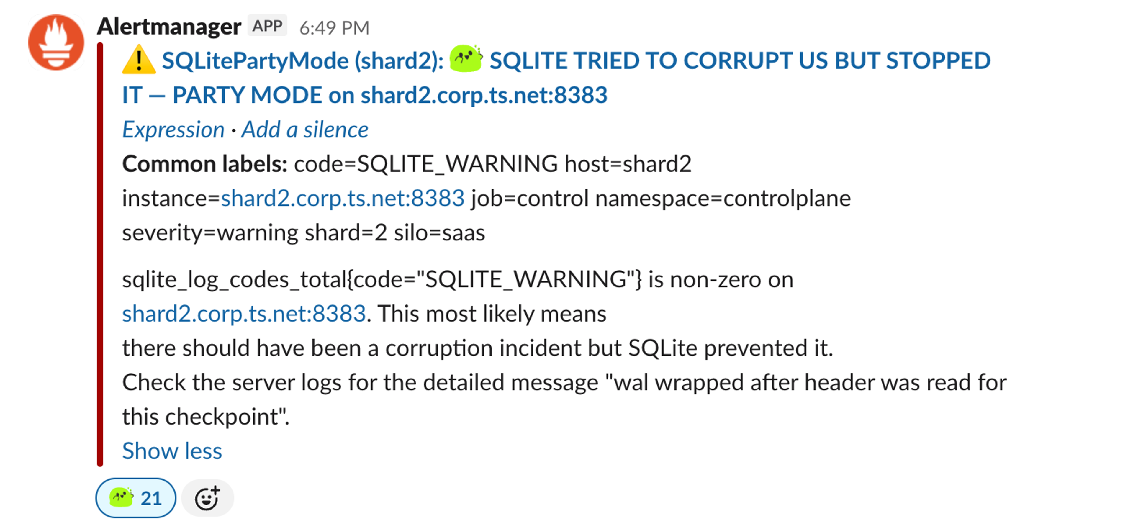Alert Manager notification showing SQLitePartyMode warning: SQLite attempted corruption on shard2.corp.ts.net:8383 in party mode, but the system prevented it. Details include warning code, host, instance, job, namespace, severity, and shard information. Message advises checking server logs for corruption incident details.