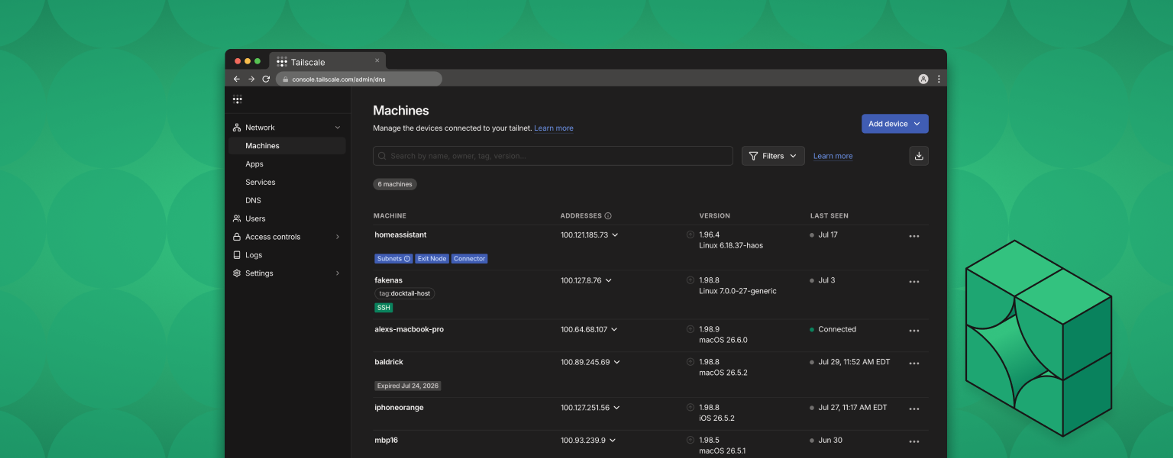 Tailscale Machines management dashboard displays a table of 6 connected network devices with their IP addresses, operating system versions, and last seen timestamps. This admin console interface allows users to manage and monitor all devices connected to their Tailscale virtual private network for secure remote access.