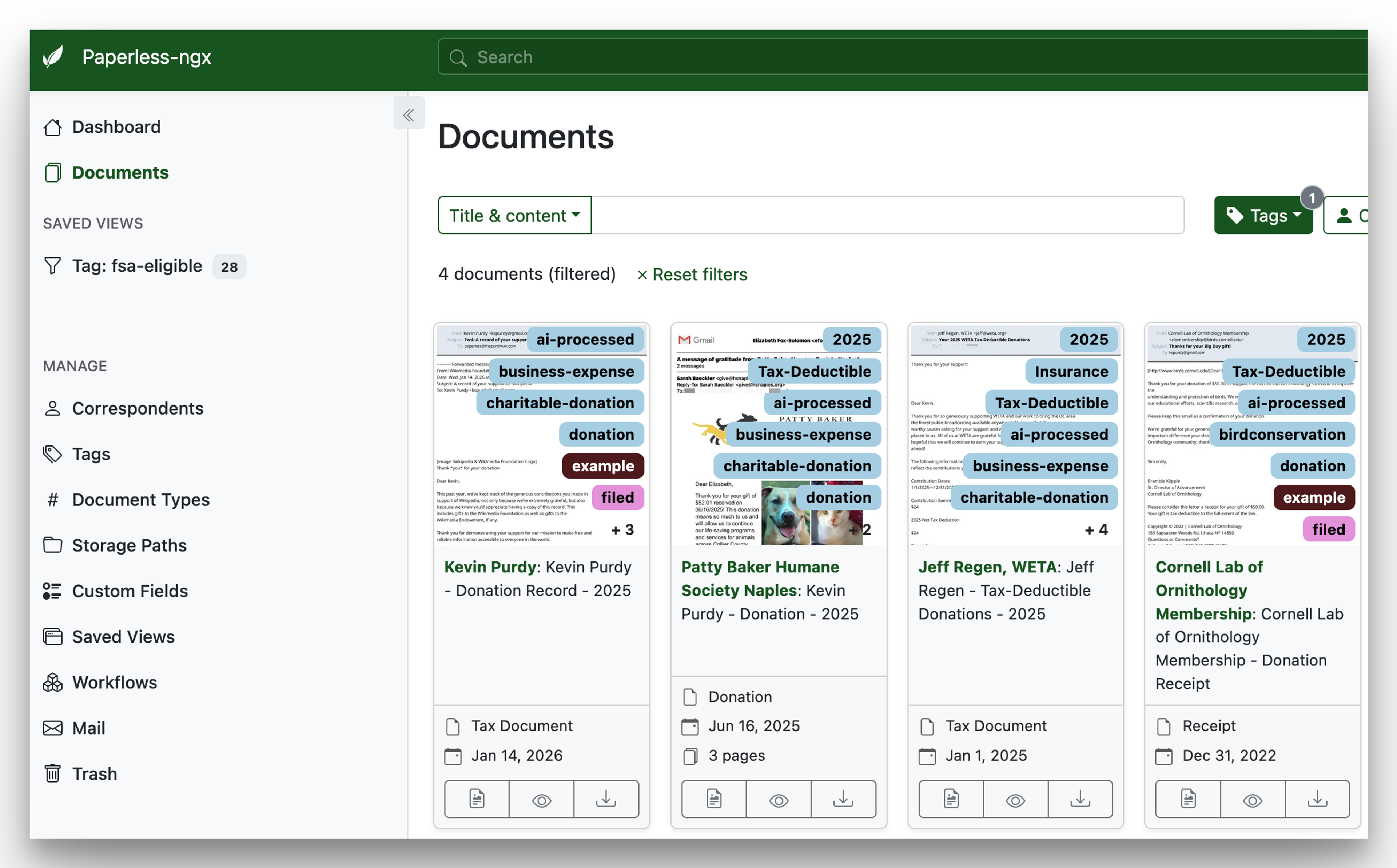 Screenshot from Paperless-ngx, with tags showing on four files: donation to Wikimedia, donation to a human society in Naples, FL, donation to WETA, and donation to the Cornell Lab of Ornithology.