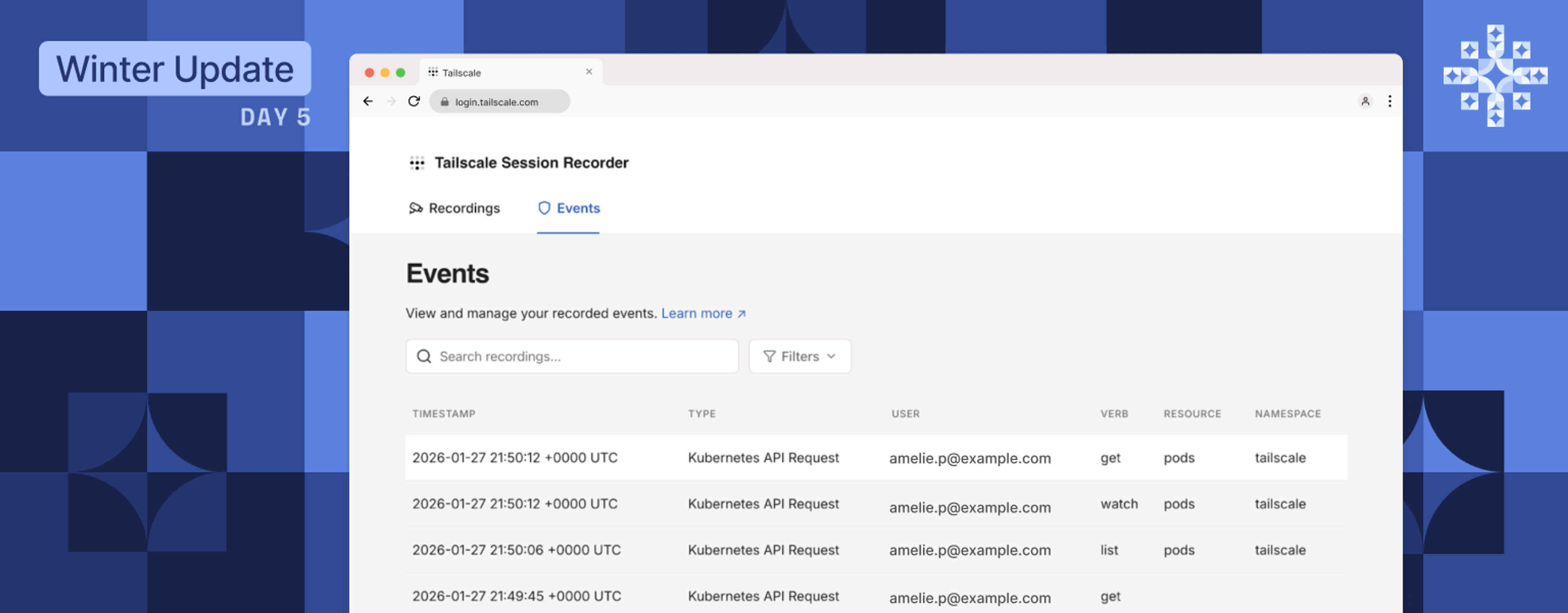 A screenshot of the Tailscale session recorder, showing Kubernetes API Requests listed with their user, verb, resources, and namespace details, sorted by timestamp. The background behind the screenshot is blue, made of differing shades of blue squres, and arranged to resemble snowflakes.