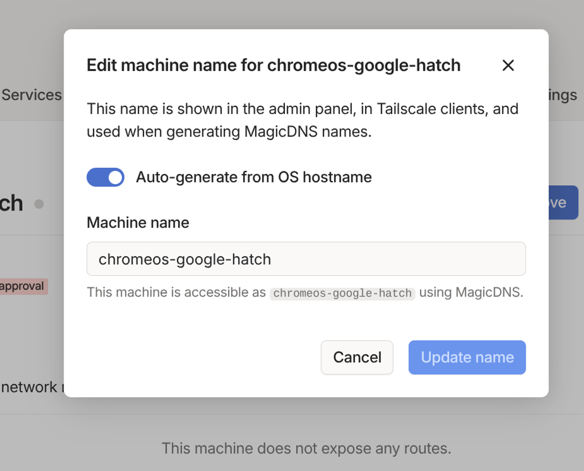 Prompt on the Tailscale admin page, "Edit machine name for chromeos-google-hatch," with a toggle to "Auto-generate from OS hostname."