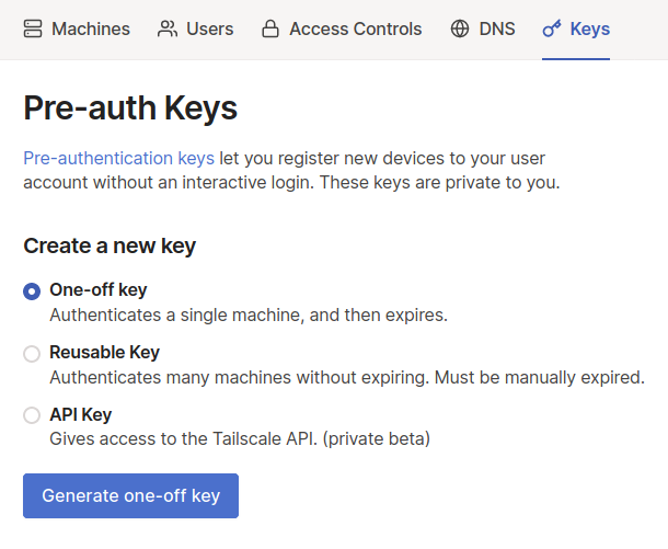 The key creation screen from the Tailscale admin console