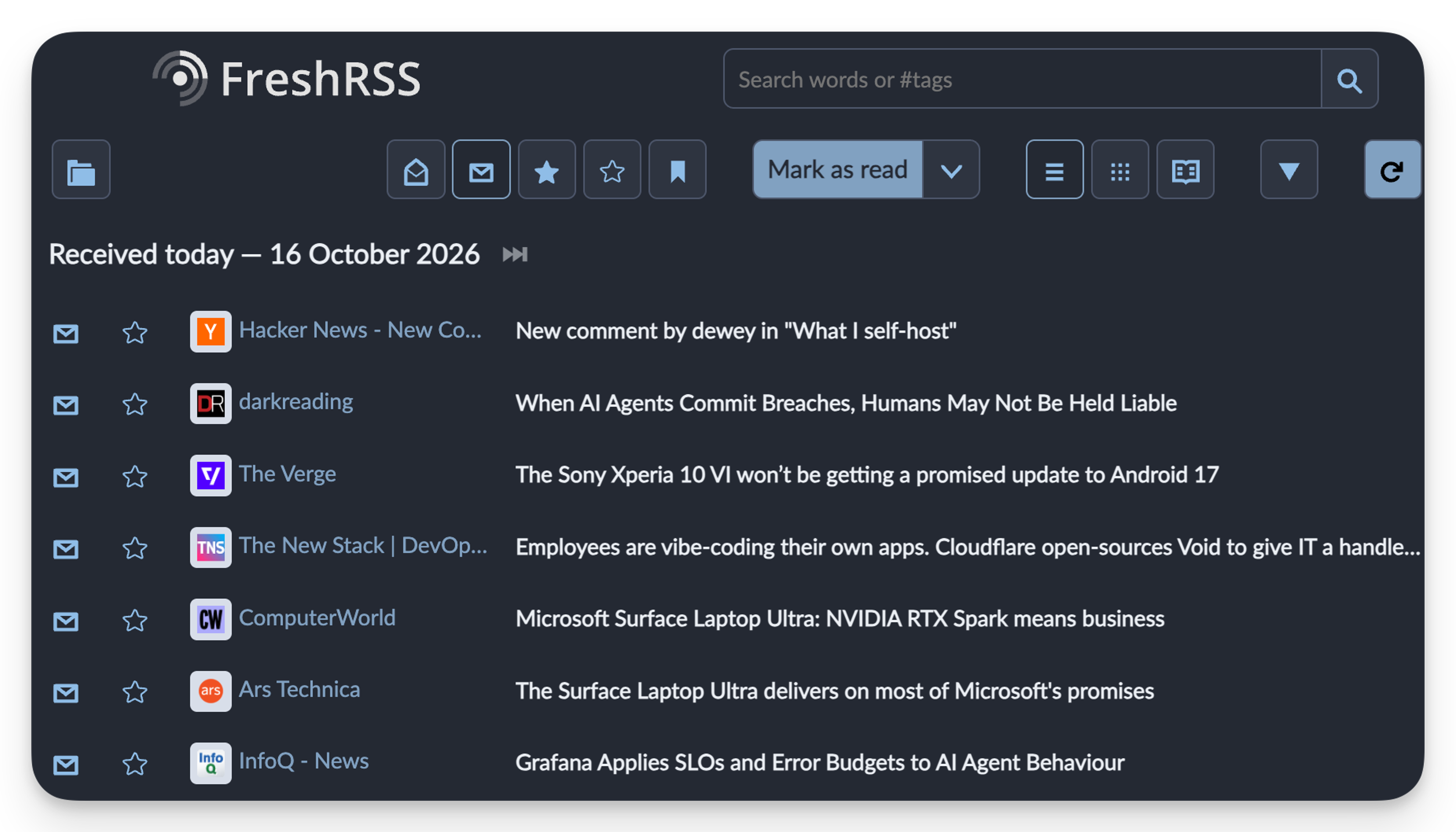 FreshRSS interface showing 7 unread stories, received on October 16, 2026, from sources including Darkreading, The Verge, The New Stack, ComputerWorld, Ars Technica, and InfoQ. Messages cover topics about AI agents, Android updates, Surface Laptop Ultra, and AI agent behavior. Search bar and action buttons visible at top.