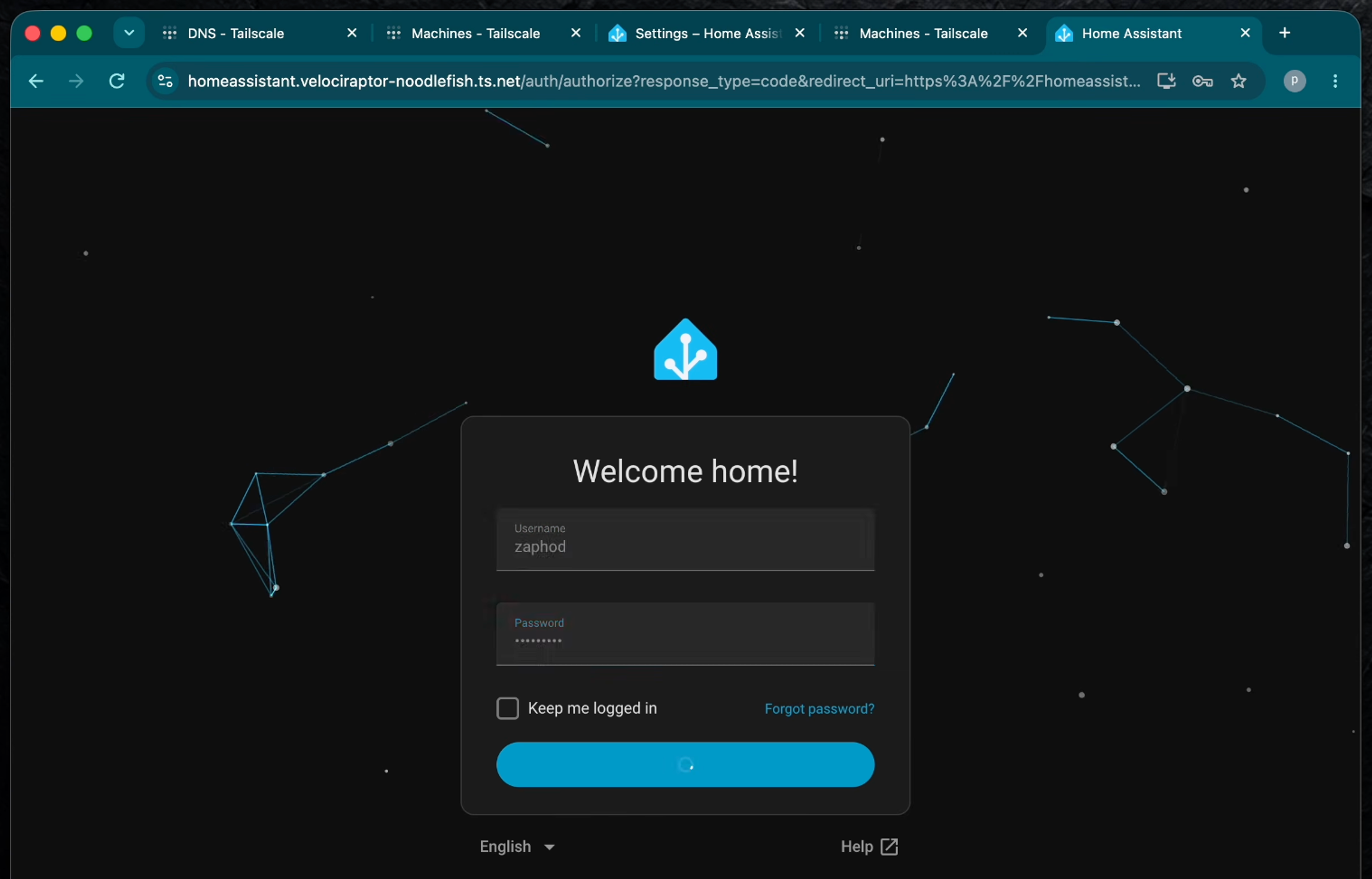 Home Assistant login page with welcome message, username field containing 'zaphod', password field with masked entry, keep me logged in checkbox, forgot password link, and blue login button. Dark background with geometric network pattern.