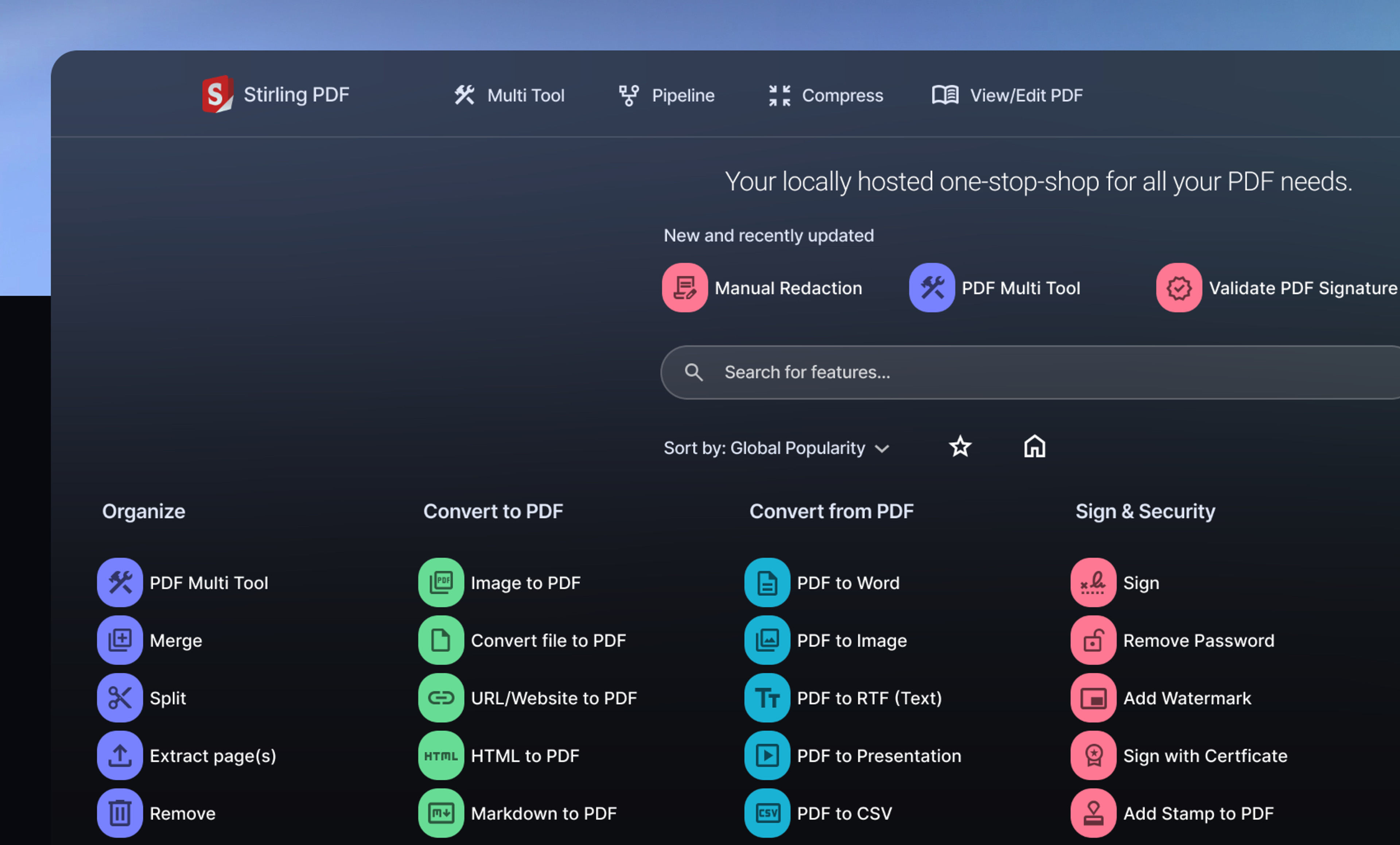 A screenshot from Stirling's website, showing many of its PDF manipulation tools.