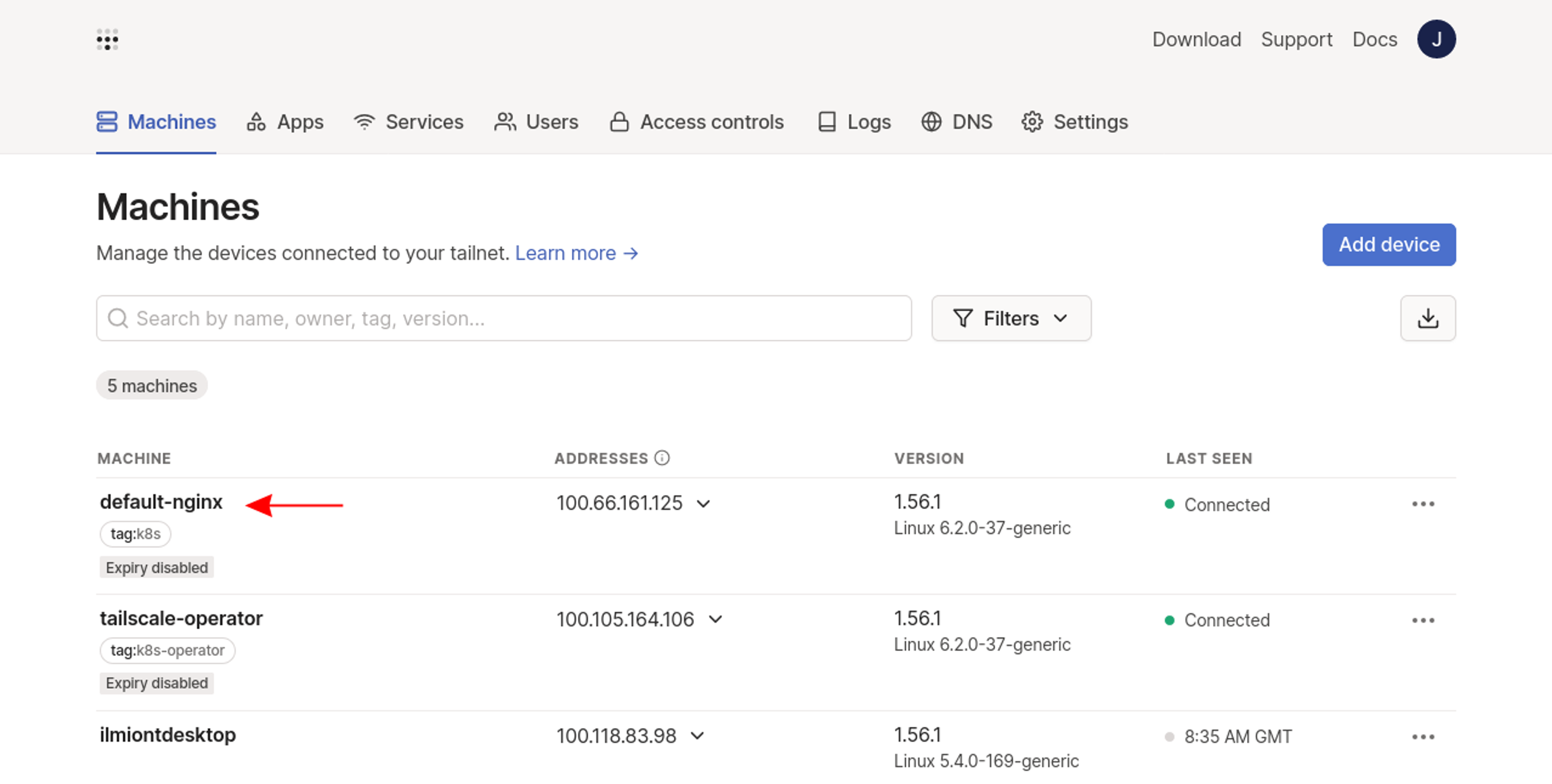 demo Kubernetes Service registered as a Tailscale machine in the admin console