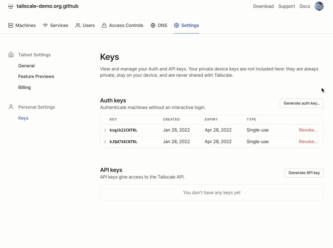 Animation of generating an auth key with the tag toggle enabled, and the tag demo selected. Key material is generated for the user to copy.