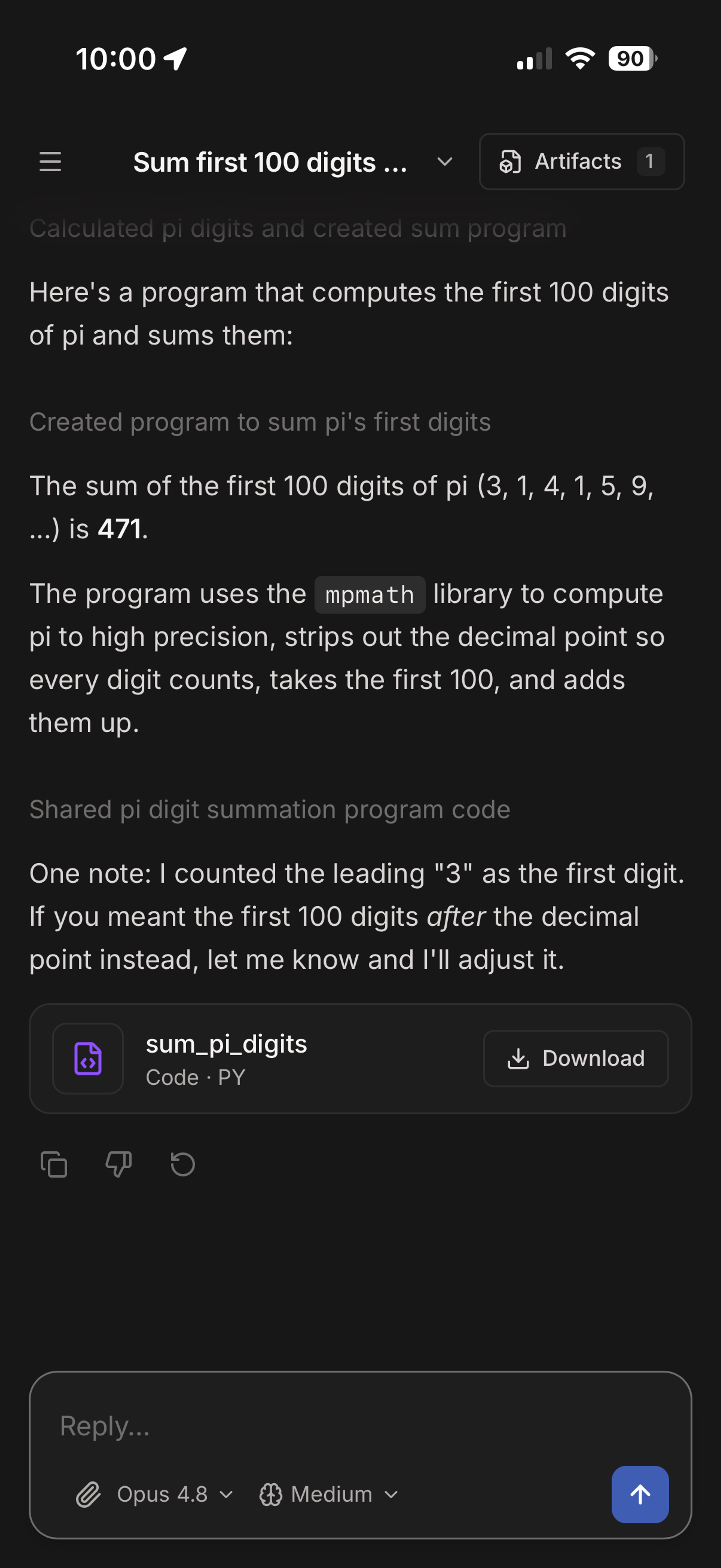 Mobile app screenshot showing a programming solution titled 'Sum first 100 digits' with explanation of a Python program that computes pi digits using mpmath library and sums the first 100 digits to get 471. Includes code file 'sum_pi_digits.py' with download button and interaction options.