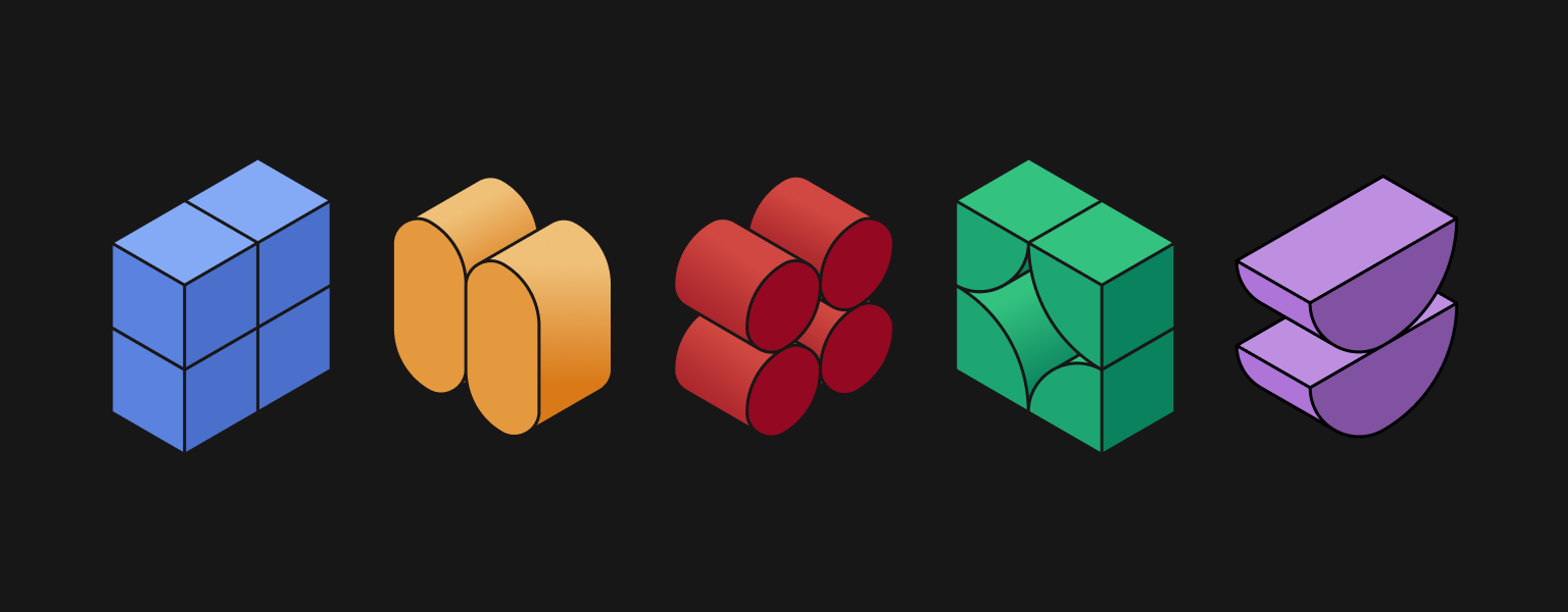 TailscaleUp shapes, in isometric view, on a black background. A blue square divided into four smaller squares; two yellow/orange ovals, taller on the sides facing up; four red circles in a square-like stack; a square made of quarter-circles, with a star cut-out in the middle; two purple half-circles stacked on each other.