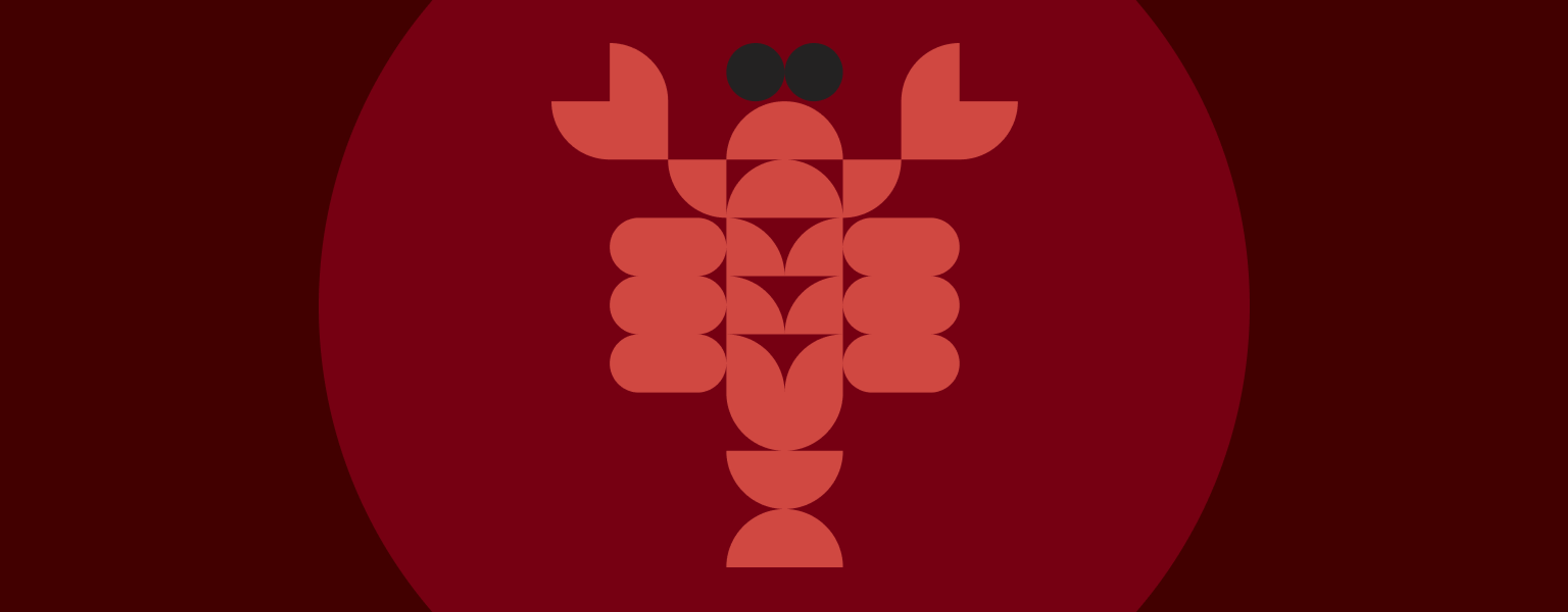A lobster figure, as if seen from overhead, made out of lightest-red half-circle and oval shapes, with black circle eyes. It is inside a darker red circle, set against a darkest red background.