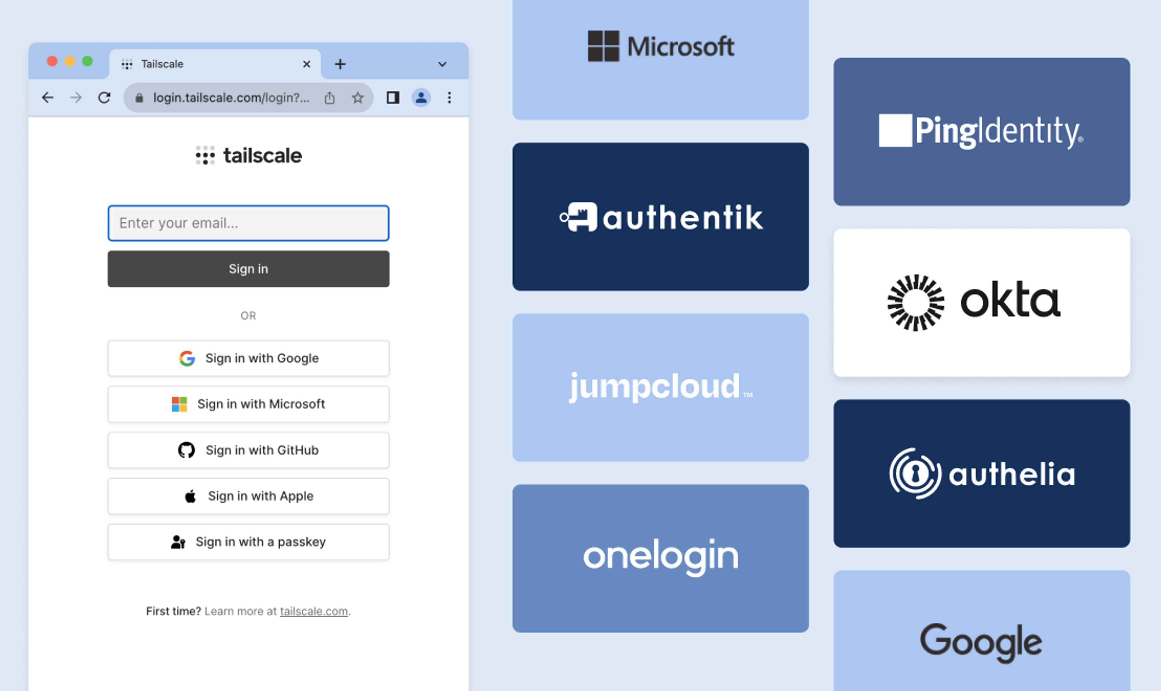 An image of a browser window showing the login screen for the Tailscale admin console, with IDP provider logos in a grid behind it