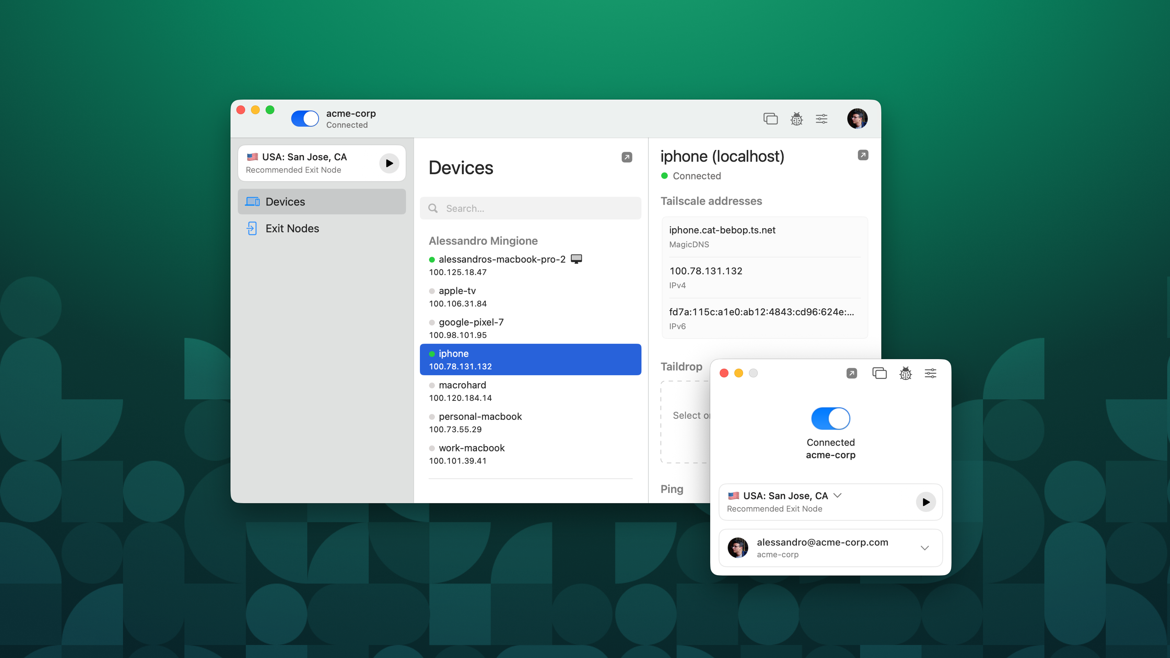 The Tailscale macOS interface, both the full window and the "mini player," set against a green background with various shapes stacked on the bottom.