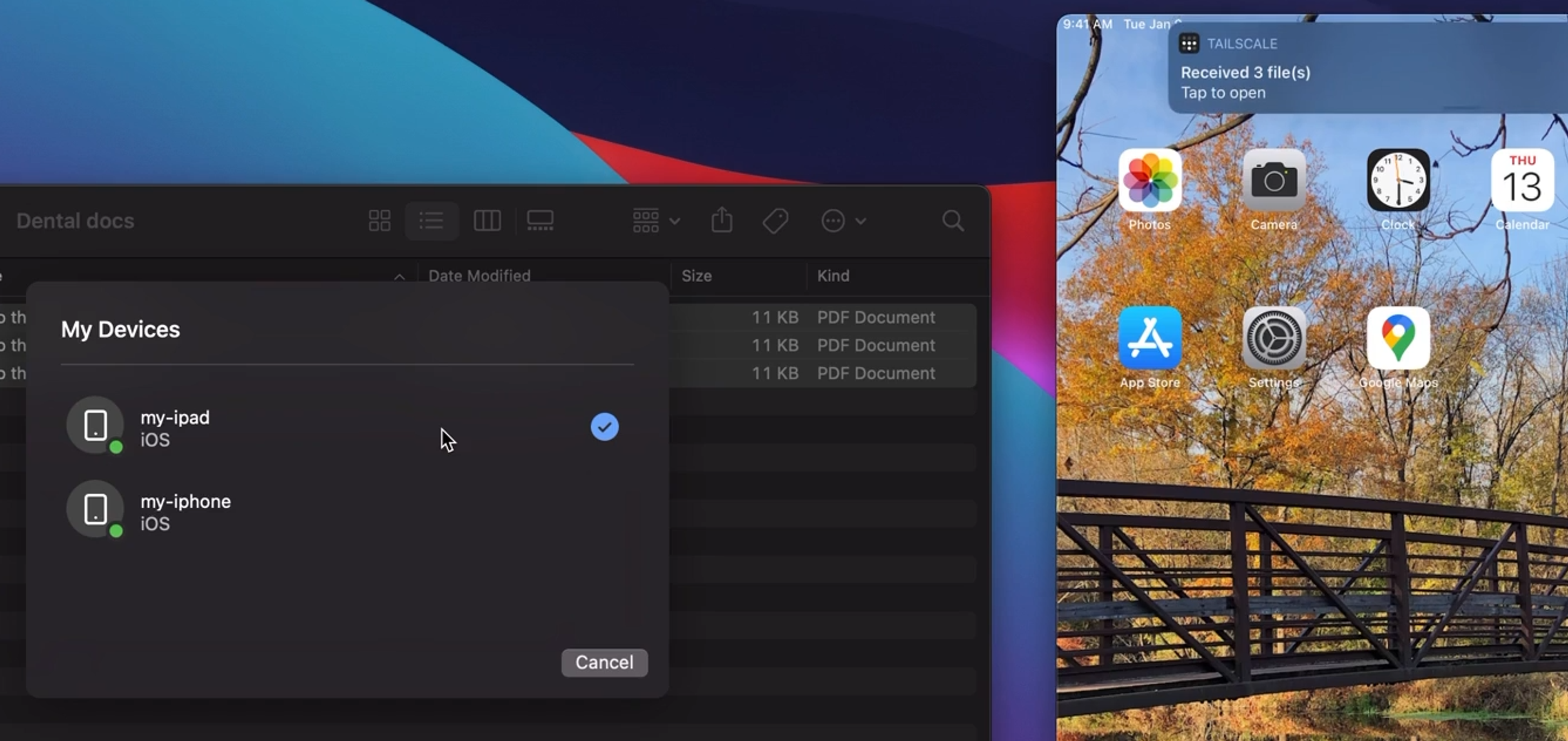 A Mac finder window open on the left next to a simulated iPad home screen on the right. The Mac shows a Tailscale modal indicating a file has been sent (with a checkmark) to "my-ipad," and the iPad on the right shows a notification from Tailscale with "Received 3 file(s)." 