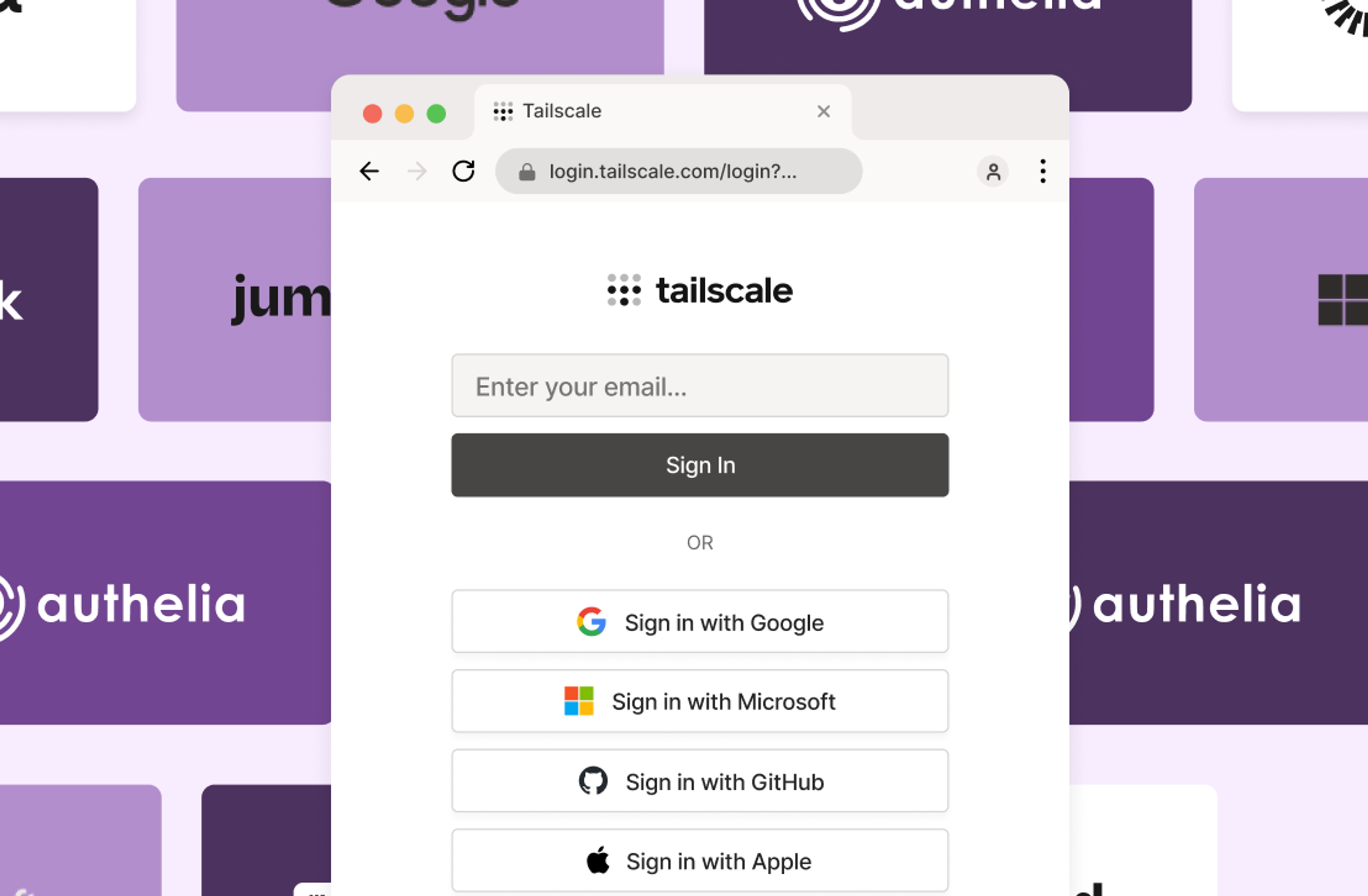 An image of a browser window showing the login screen for the Tailscale admin console, with IDP provider logos in a grid behind it