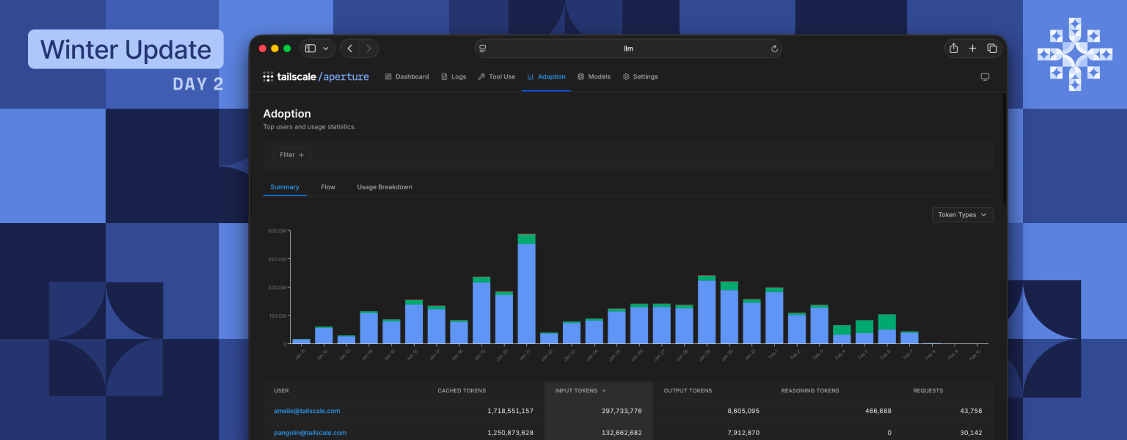 A blue background of crystal-like shapes. "Winter Update Day 2" in the upper-left corner. A screenshot of tailscale.com/aperture is centered, with a summary of input tokens, output tokens, reasoning tokens, requests, and a list of users attached to each.