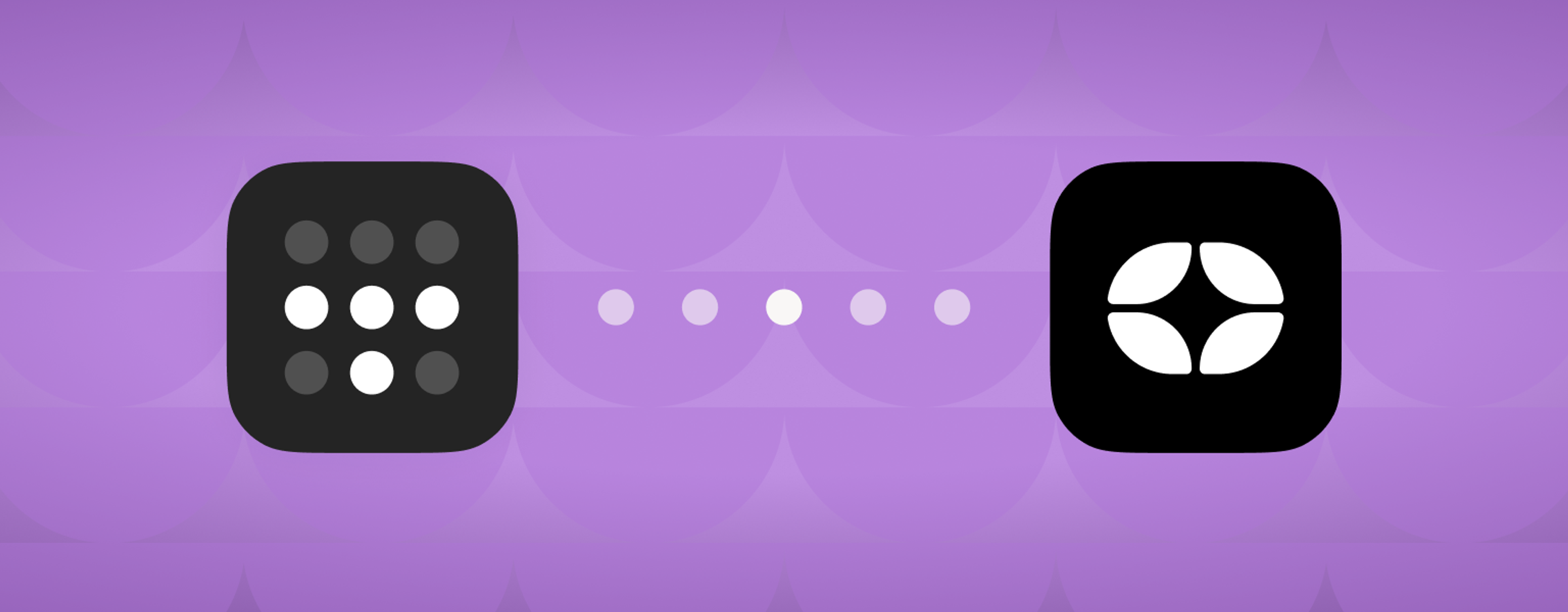 Two app icons on a purple background: a dark grid icon with nine circles (center white circle highlighted) connected by five lavender dots to a black icon with a four-petal flower shape in white.