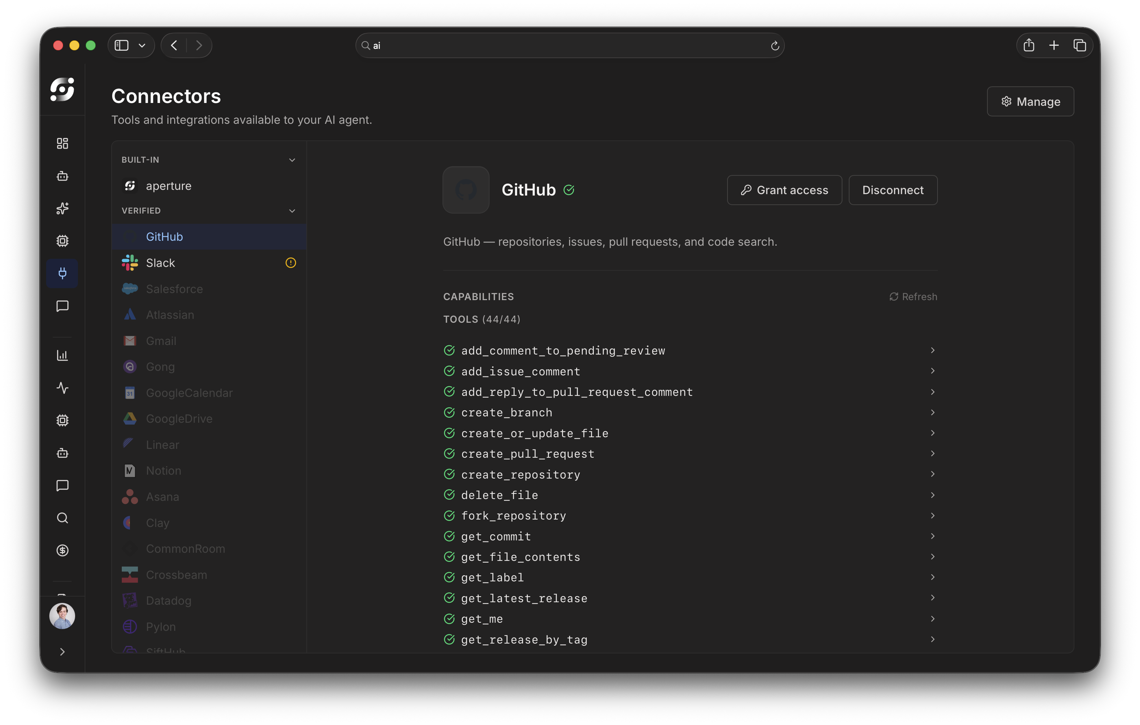 GitHub connector interface showing 44 available tools including add_comment_to_pending_review, create_pull_request, fork_repository, and get_commit. Connected status with Grant access and Disconnect buttons visible.