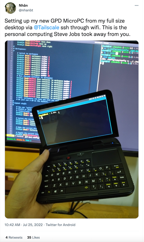 Tweet: setting up GPD MicroPC with Tailscale