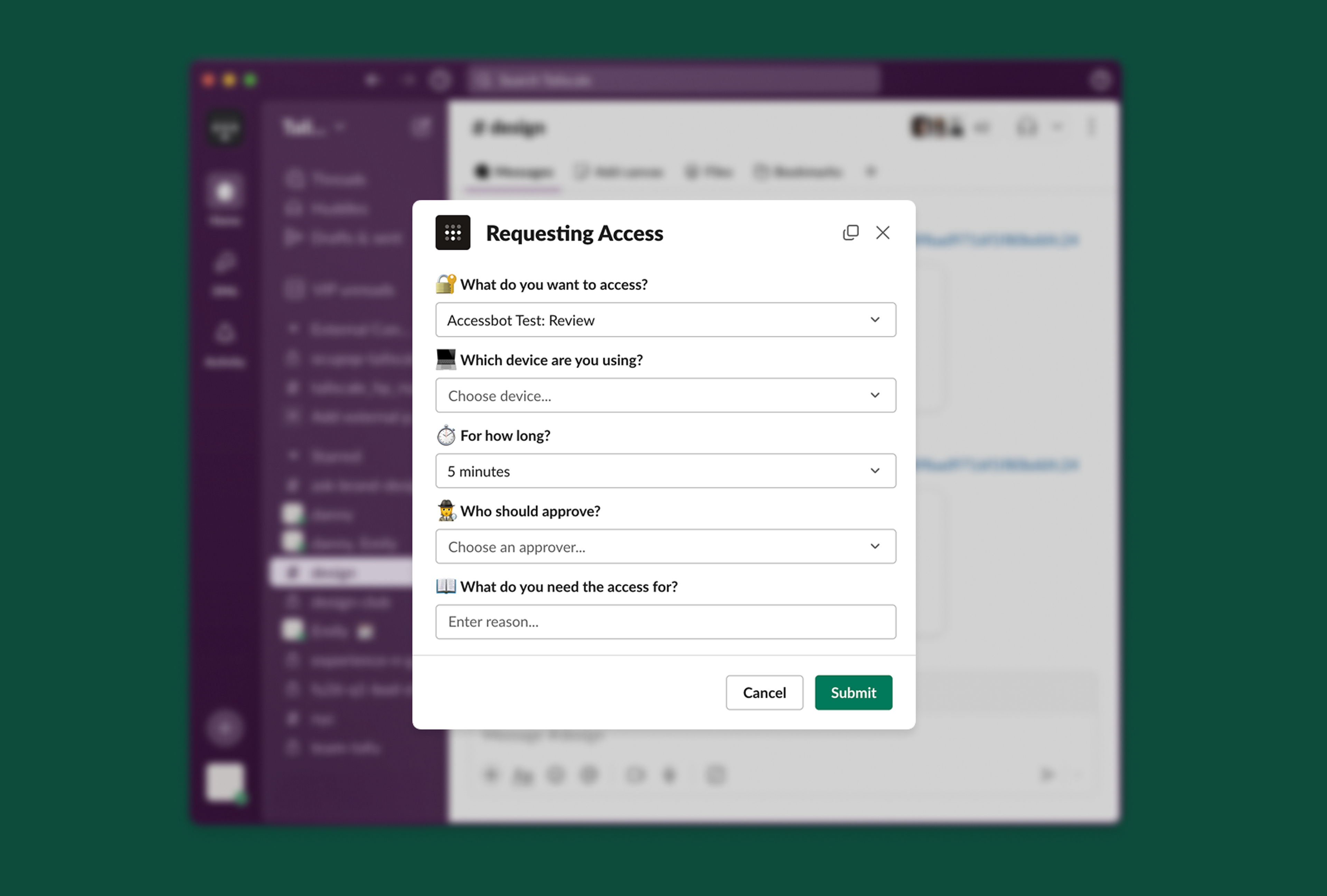A screenshot from the Tailscale Slack Accessbot showing options for granting JIT access.