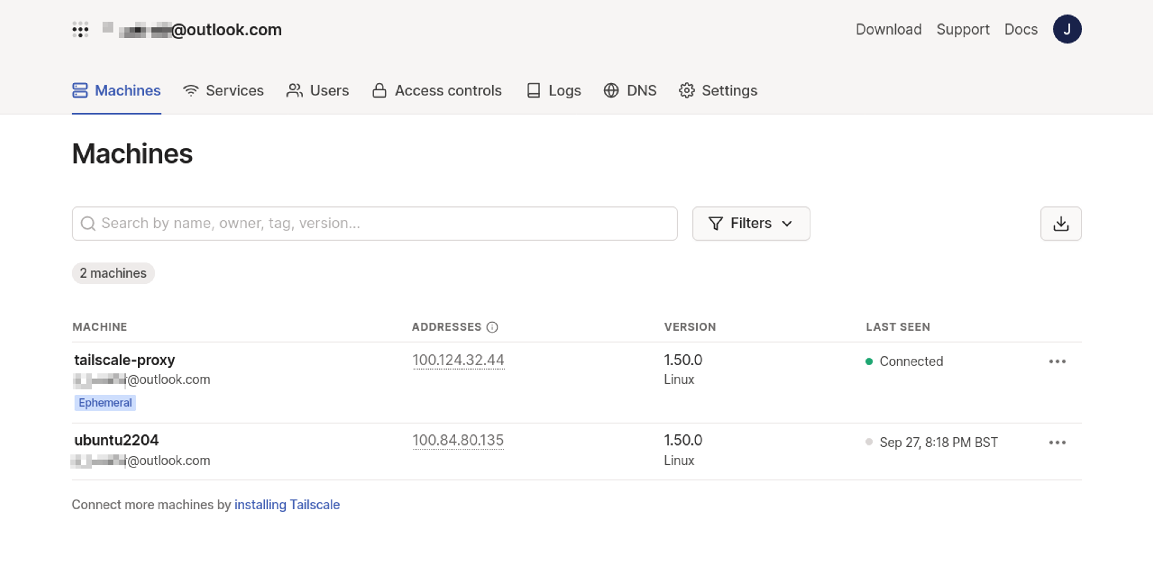 Tailscale's Machines page showing a Kubernetes service proxy machine