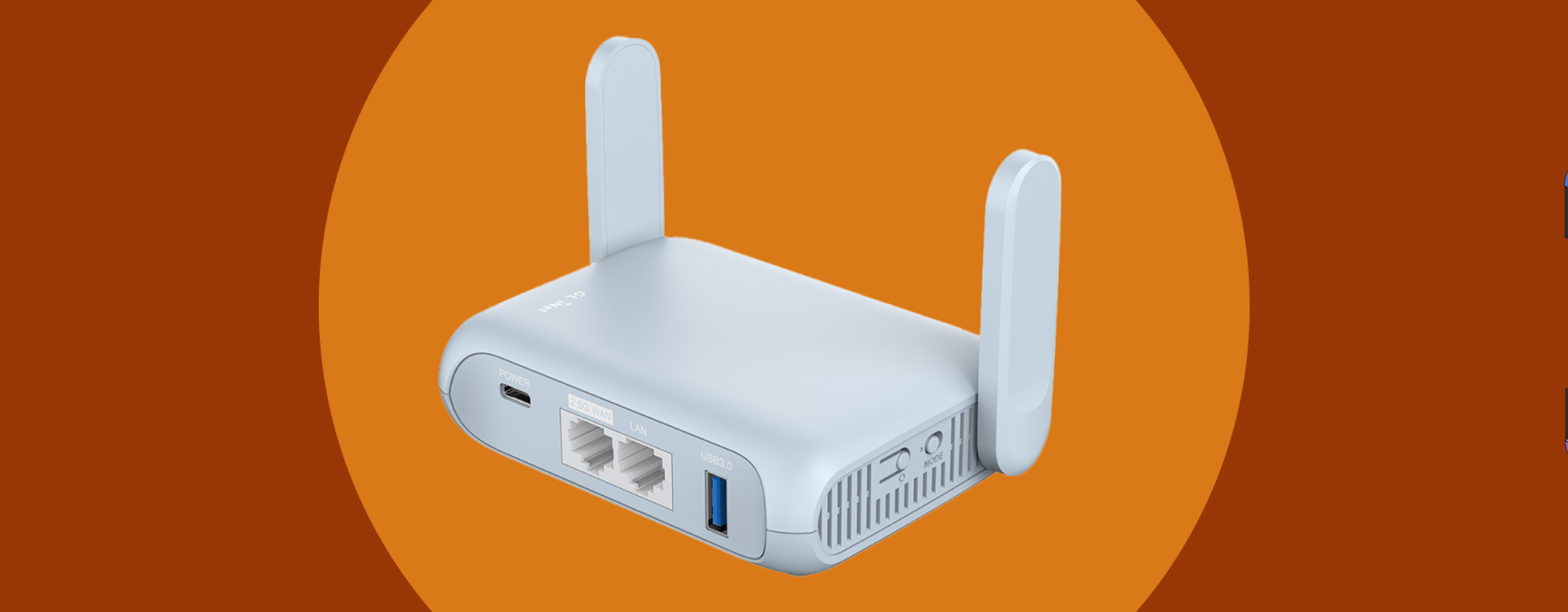 A GL.iNet Beryl AX (MT-3000), seen from behind with ports showing and antenna upward, against a light orange circle set against a darker orange background.