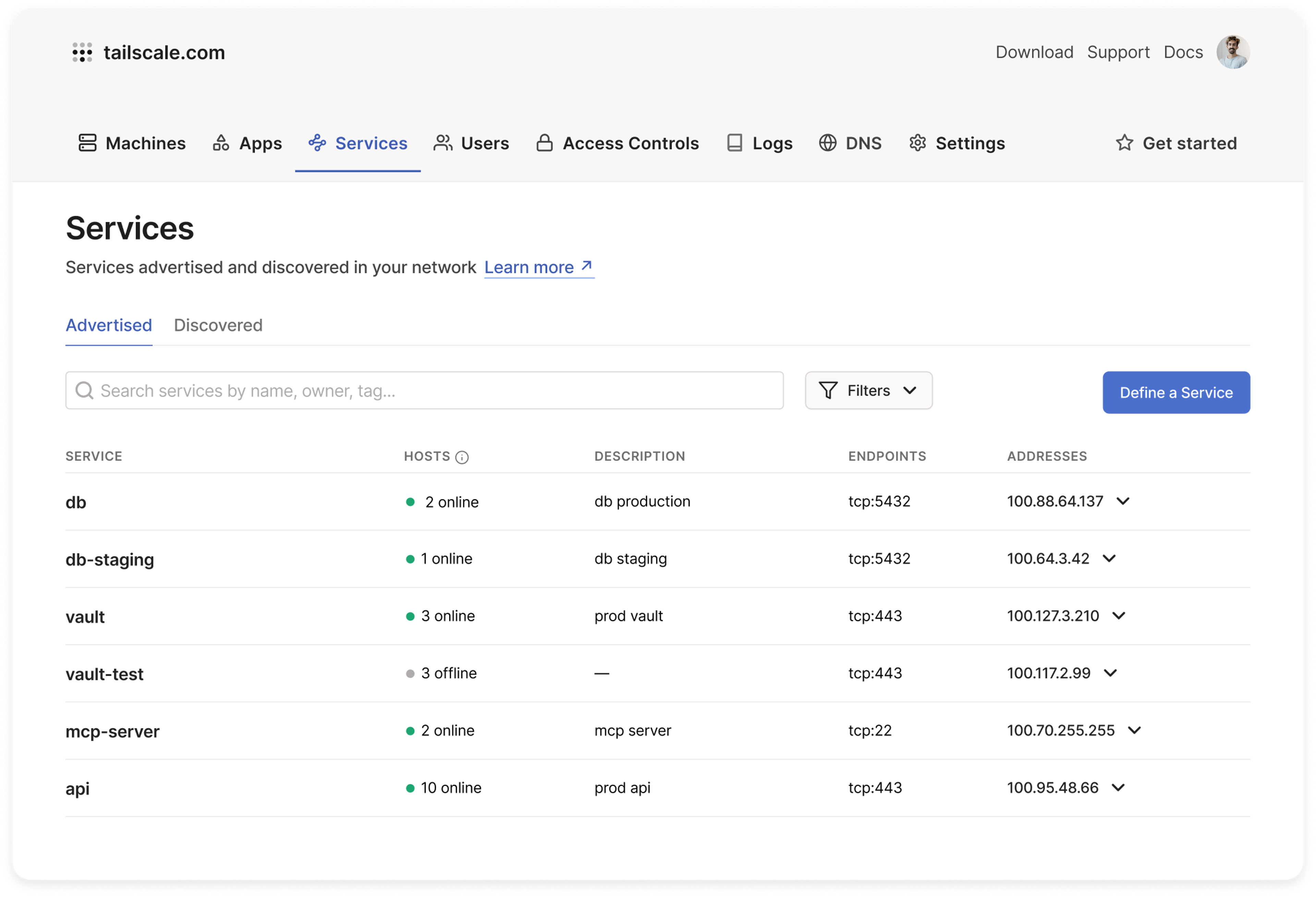 Services defined on a tailnet are displayed in the Services tab of the admin console.