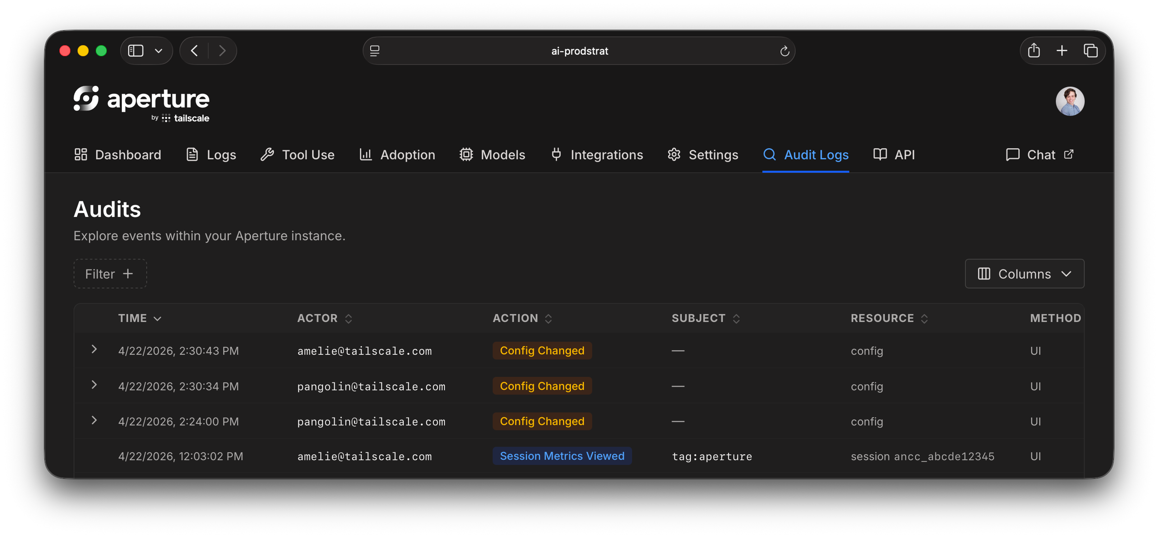 Screenshot of the Aperture by Tailscale dashboard in dark mode, showing the "Audit Logs" section. The page displays a table of recent activity with columns for Time, Actor, Action, Subject, Resource, and Method, listing events from April 2026 where users performed actions like "Config Changed" (highlighted in orange) and "Session Metrics Viewed" (highlighted in blue).