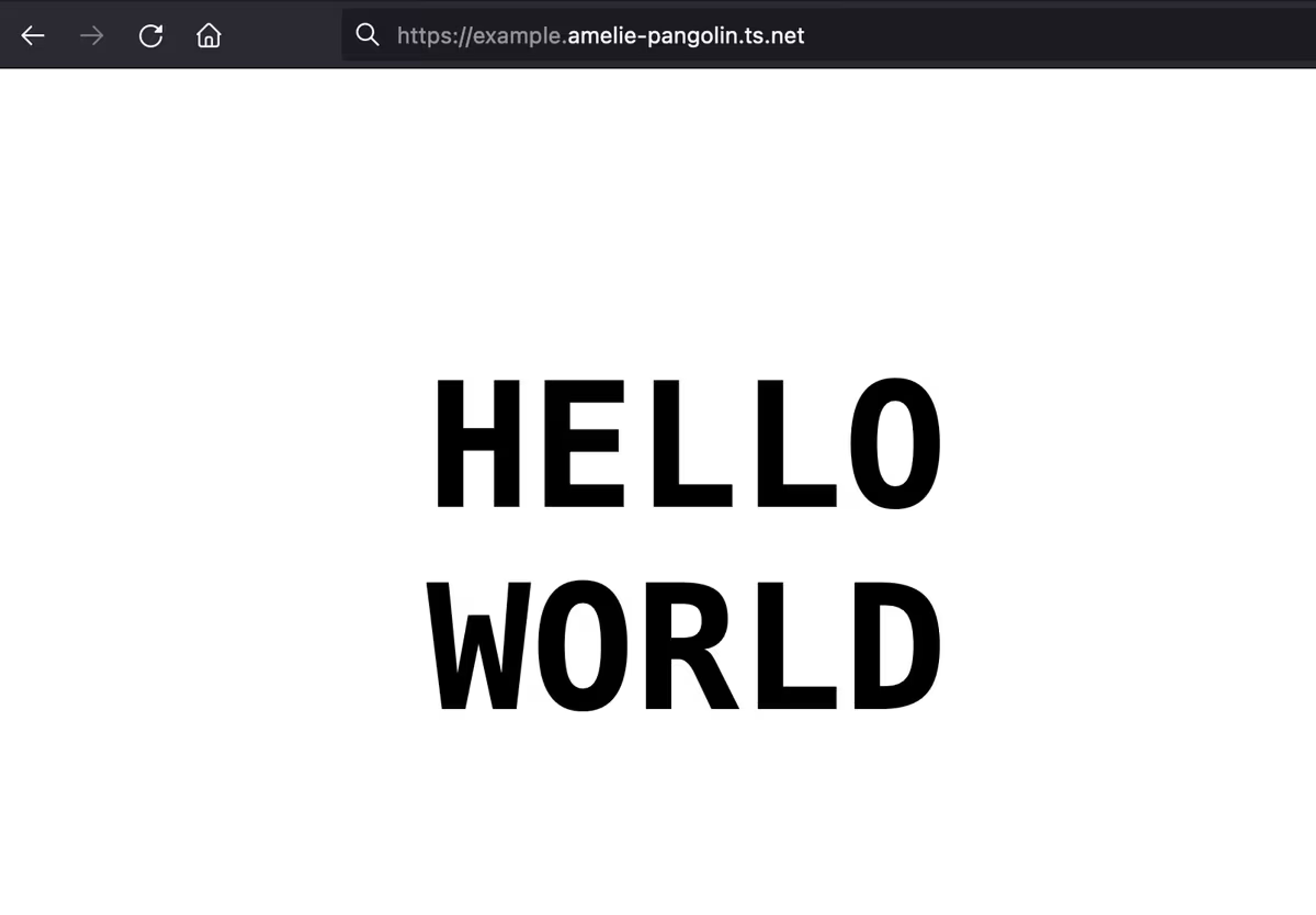 A browser tab showing a very large "HELLO WORLD" in black type on a white page.
