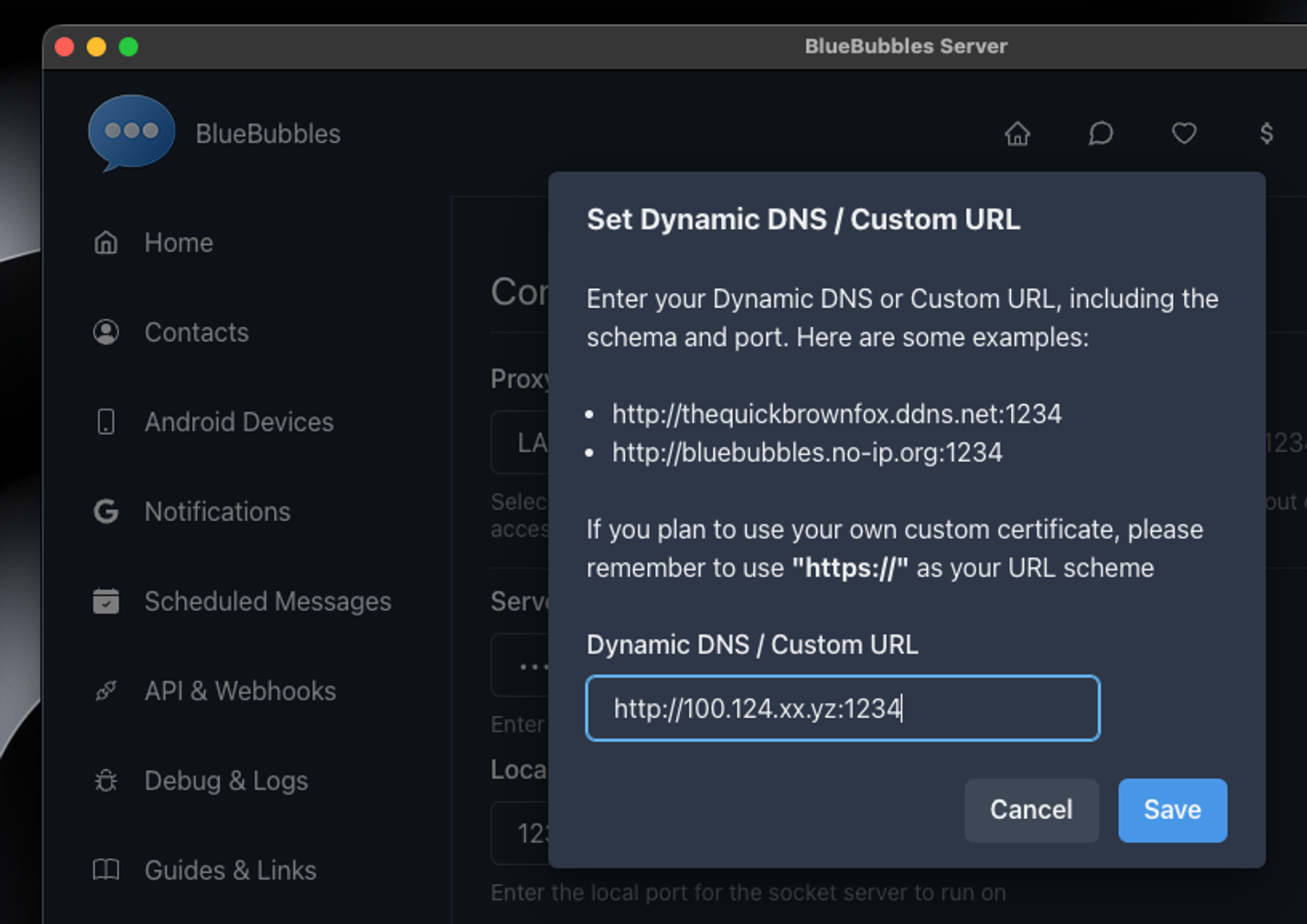 BlueBubbles' settings screen, with "Dynamic DNS / Custom URL" active, and a Tailscale IP address and BlueBubbles port (http://100.124.xx.yz:1234) entered.