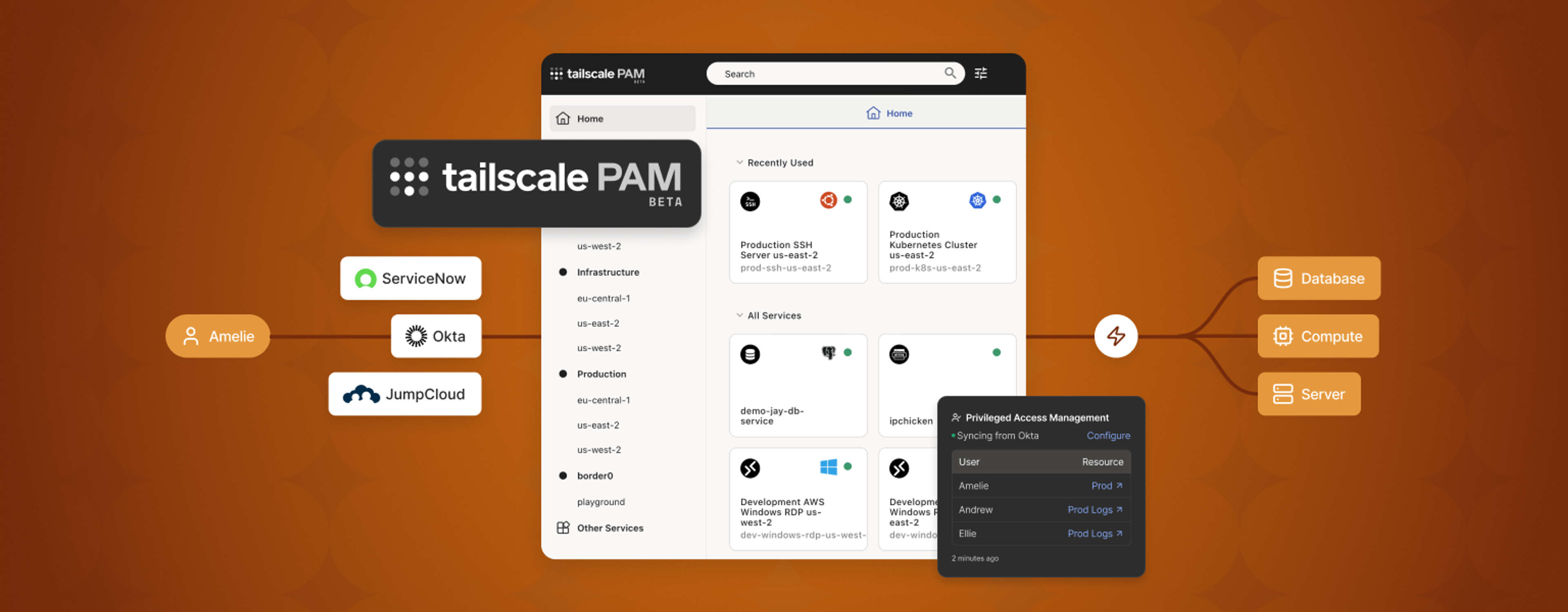 Tailscale PAM (Privileged Access Management) dashboard demonstrating identity and access management integration with ServiceNow, Okta, and JumpCloud. The interface displays infrastructure services, recently used production resources, and synchronized user access controls for managing SSH servers and Kubernetes clusters with enterprise identity provider syncing.