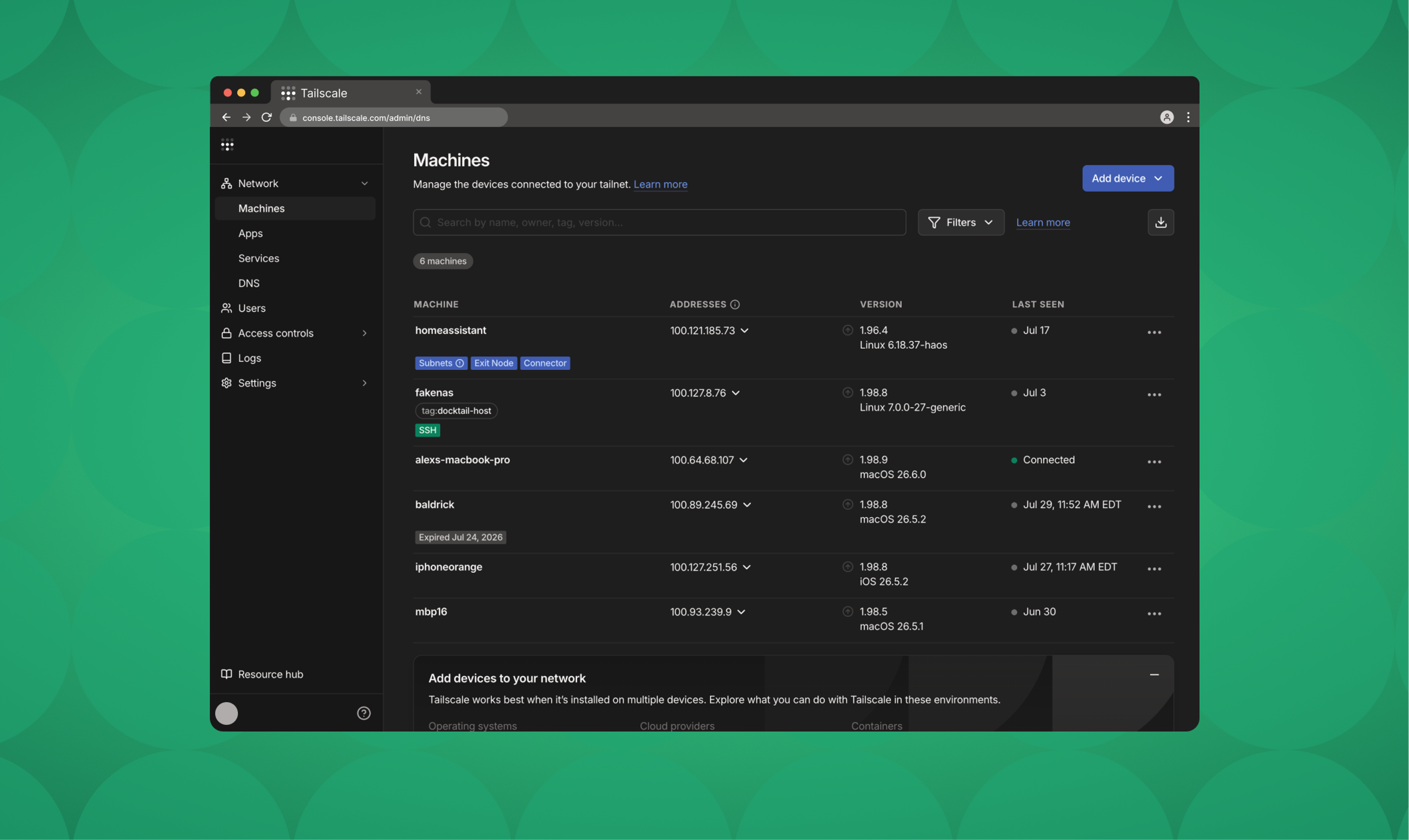 Tailscale network management dashboard displaying the Machines page where users can manage and monitor multiple connected devices across their tailnet, showing device names, IP addresses, operating system versions, and connection status.