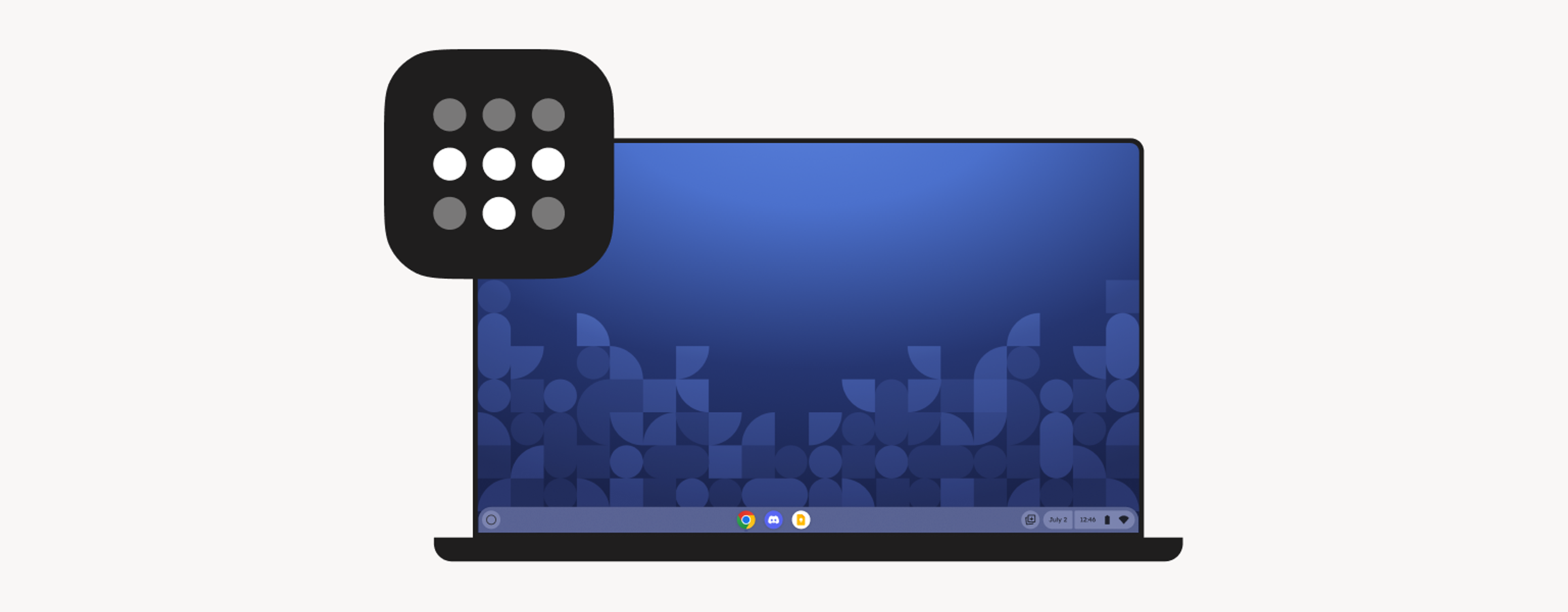 A Chromebook-style laptop, with a blue-hued Tailscale background, and the Tailscale logo floating above its upper left.