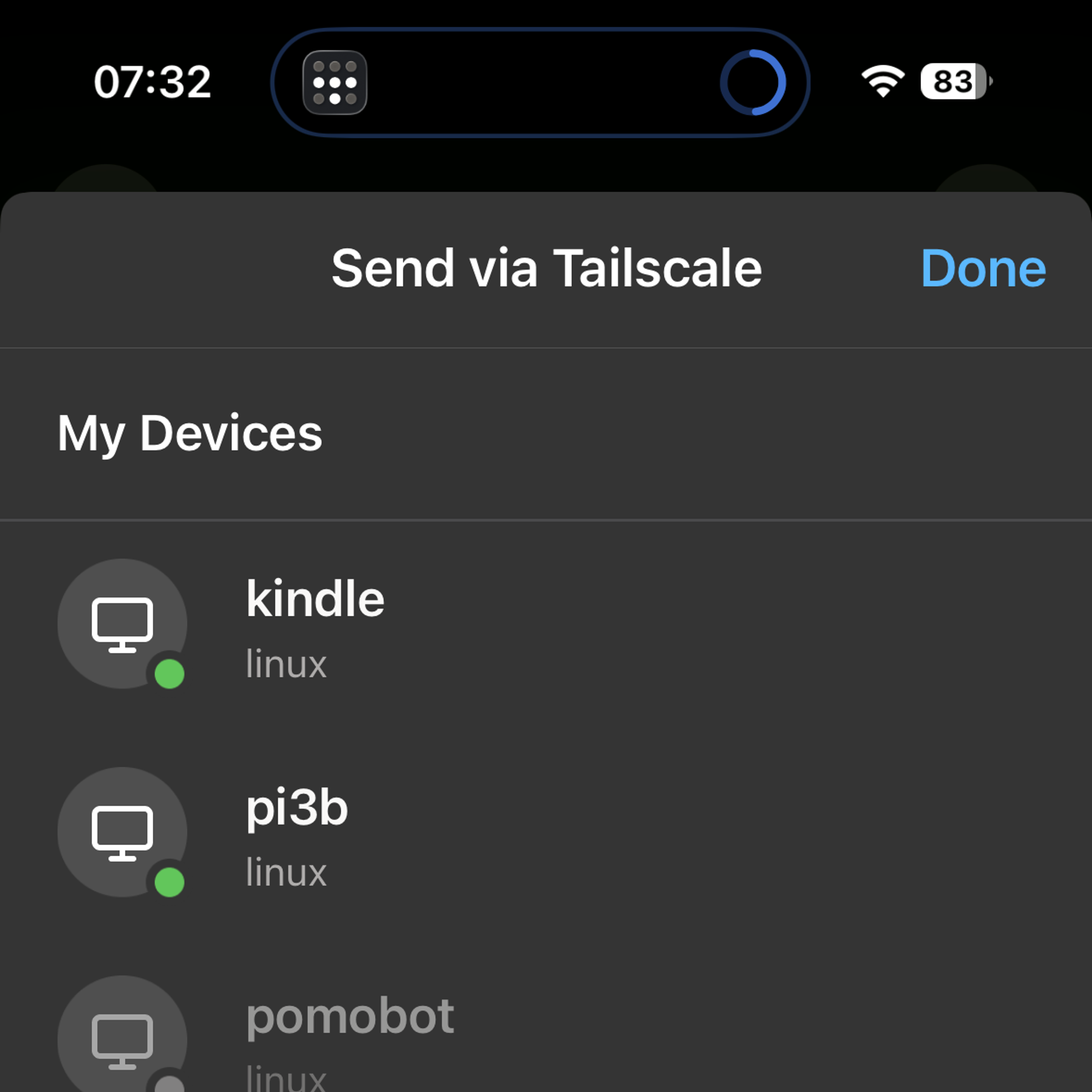 Screenshot of a sharing intent on an iPhone, titled "Send via Tailscale," with a My Devices list showing "Kindle" and "pi3b" (as linux devices) with green dots, signifying availability.