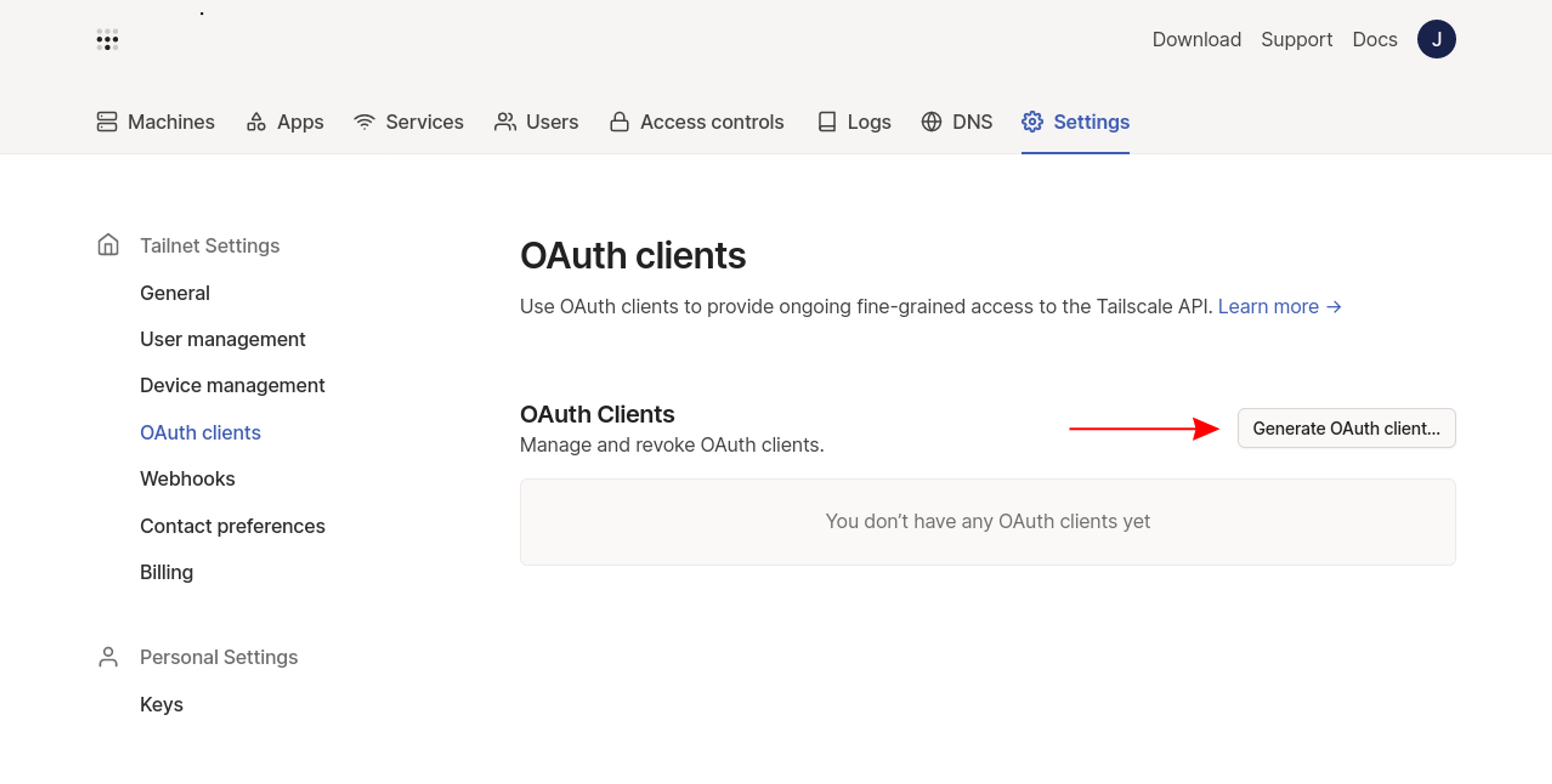 OAuth clients page in the Tailscale admin console