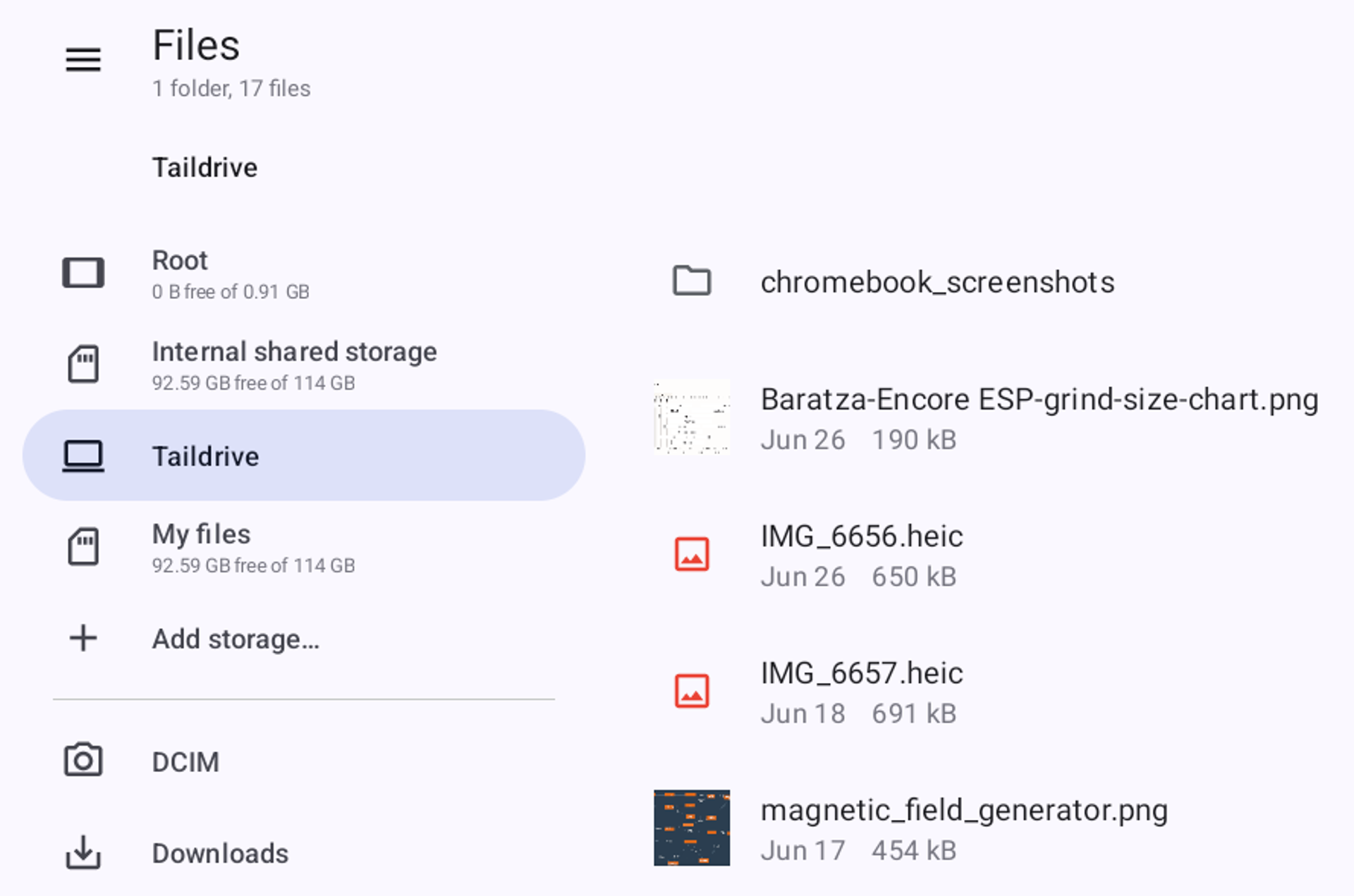 Screenshot from the Material Files app, showing a folder "Taildrive" selected, with a number of files inside, including those related to coffee grinder granule sizing and Satisfactory components.