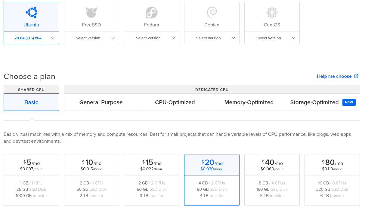 The droplet config using Ubuntu 20.04 and a droplet with 4GB of RAM