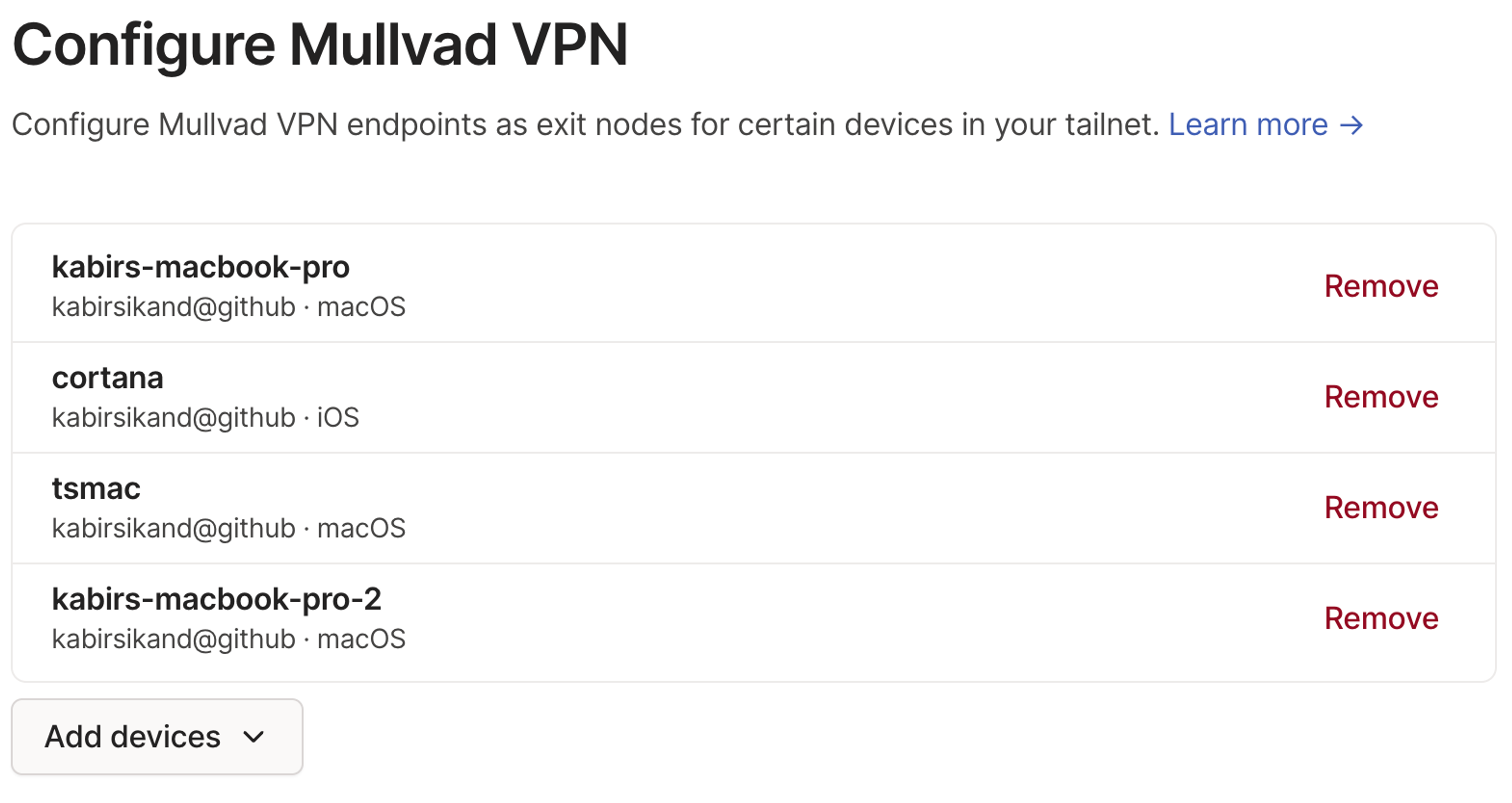 A screenshot of the UI for configuring Mullvad in the Tailscale admin console.