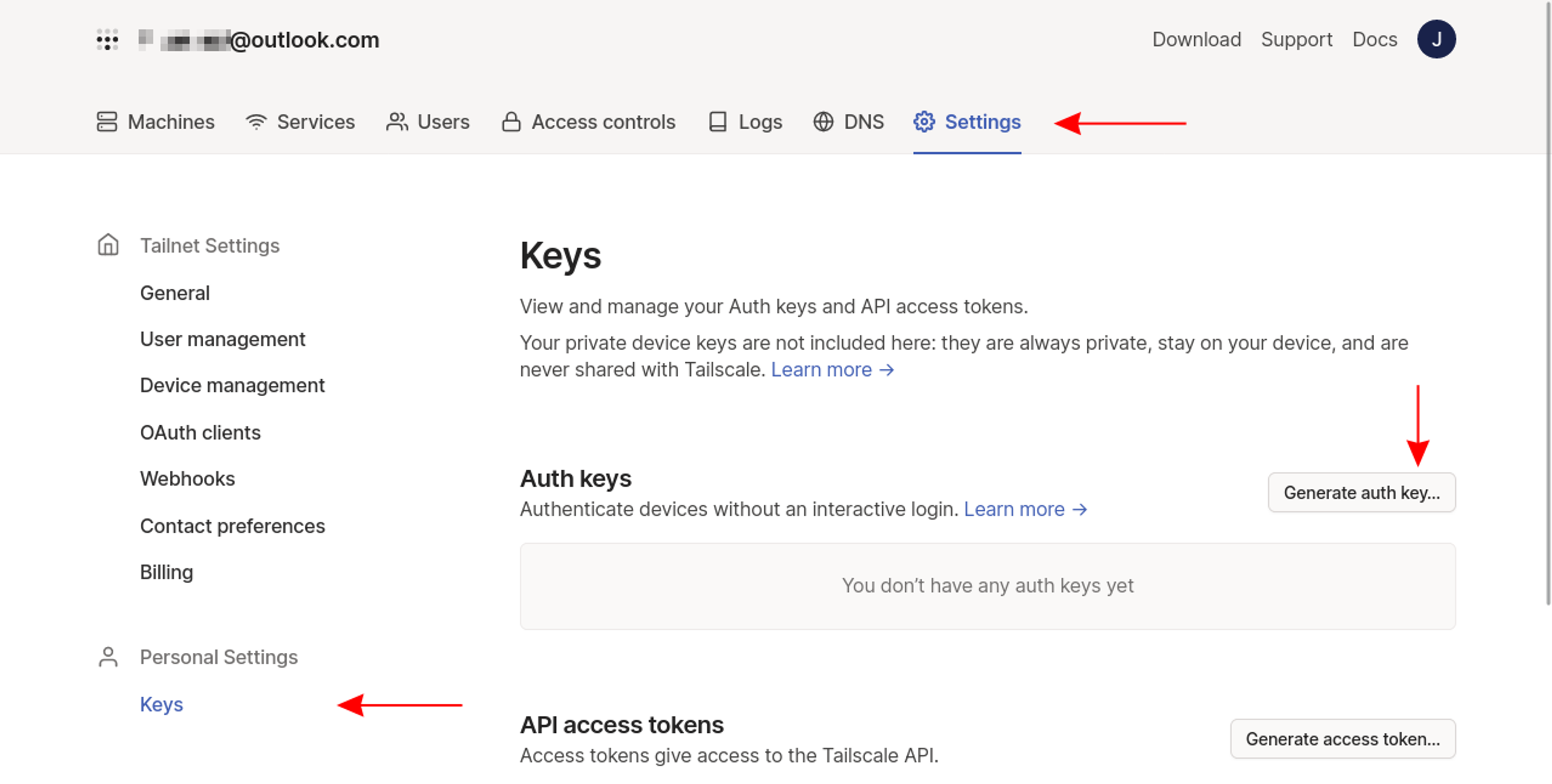 accessing the Keys page in the Tailscale web interface