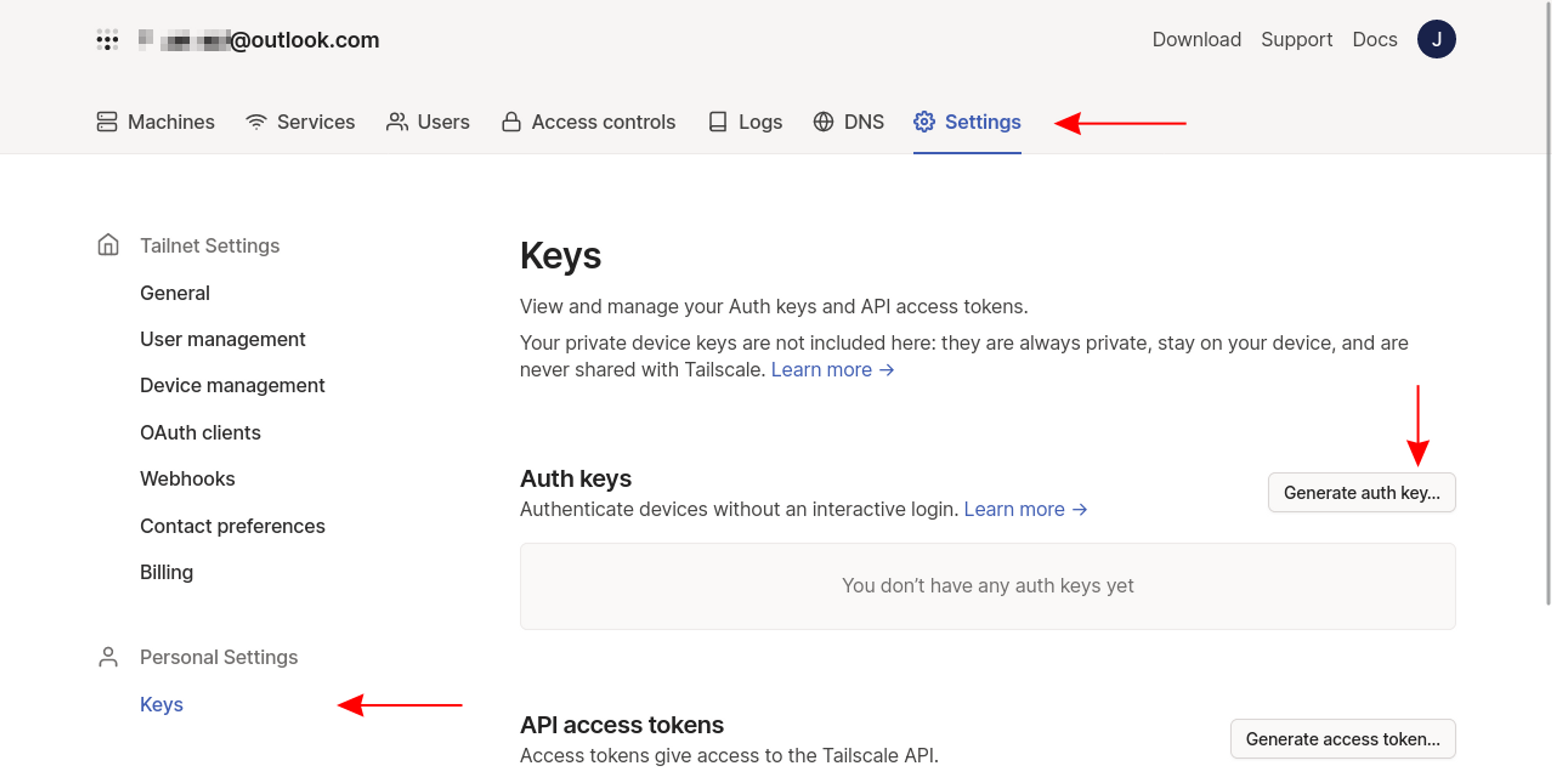 accessing the Keys page in the Tailscale web interface