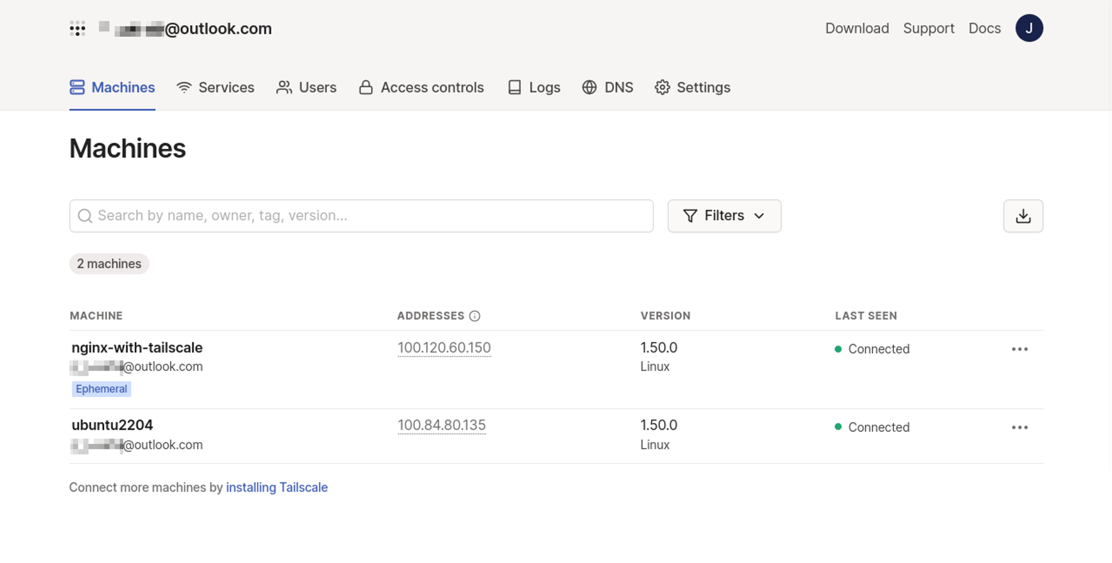 Tailscale's Machines page showing a Kubernetes sidecar machine