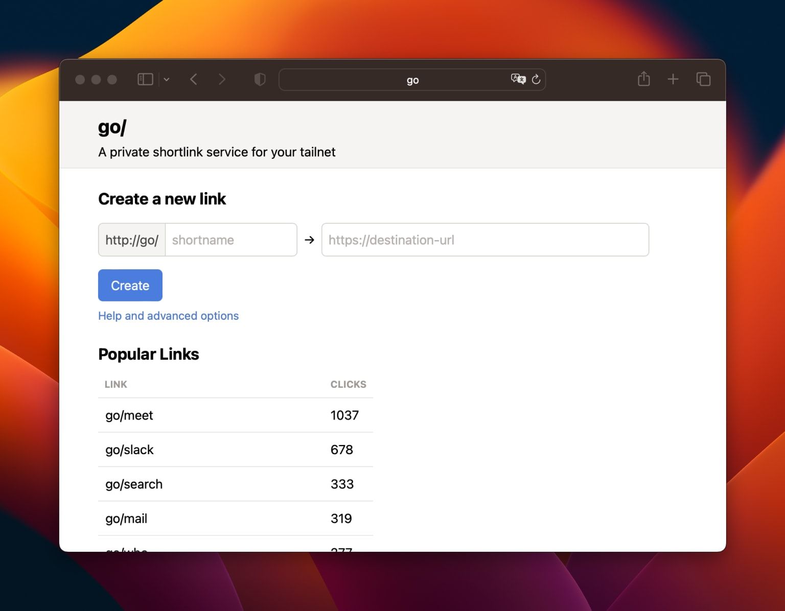 A screenshot of the golink application homepage. A form allows a new link to be created and popular links are listed: go/meet, go/slack, go/search, go/email