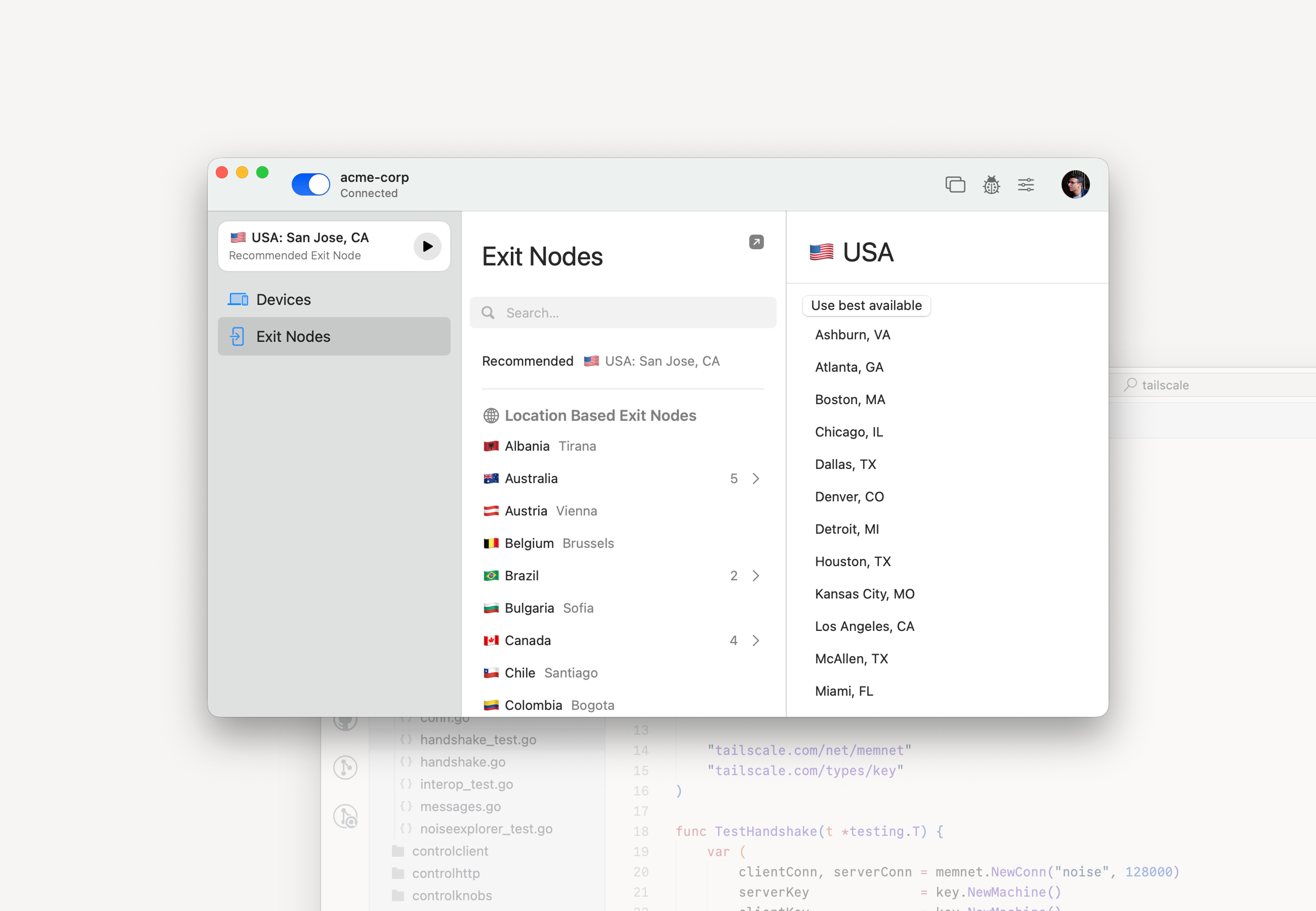 A list of exit nodes shown in the Tailscale app, with the nodes listed in a central panel, and details about the node listed on the right. "USA" is selected.