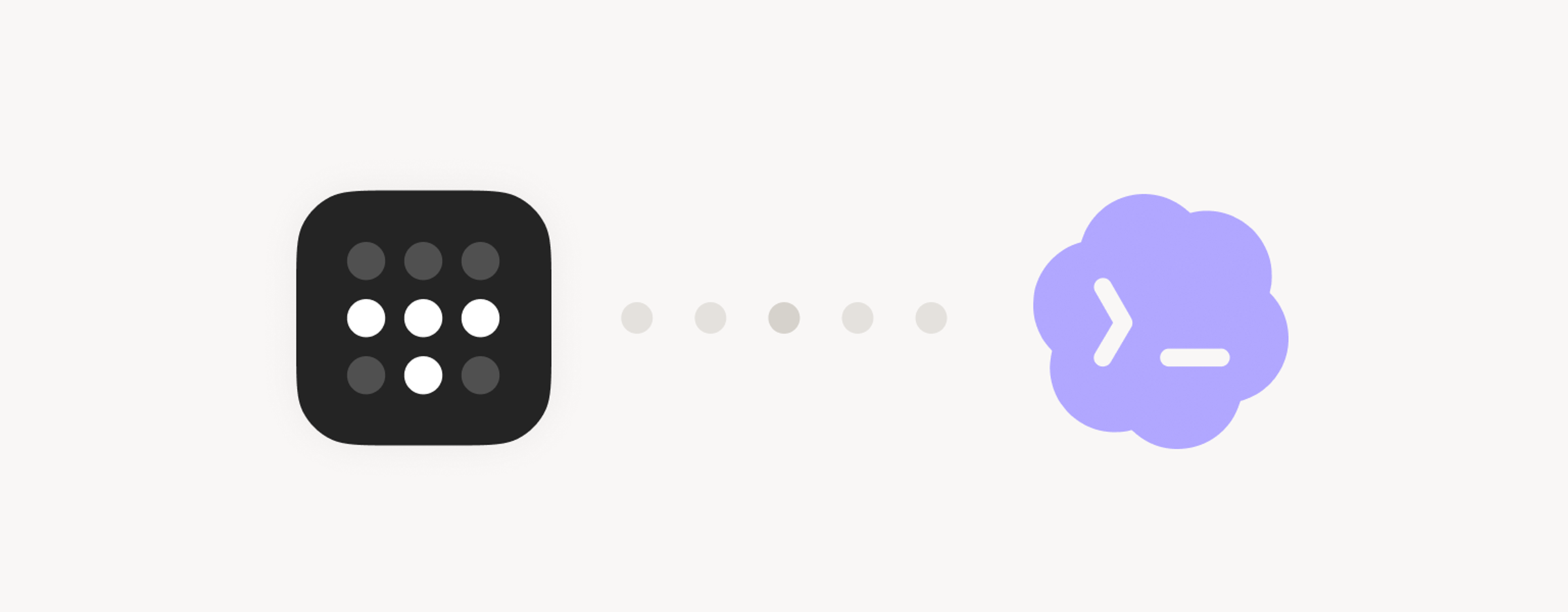Tailscale icon (nine dots, a "T" lit up in the middle) with 3x3 grid of numbered buttons in black with white and gray circles, connected by dots to a purple cloud-shaped button featuring a right arrow and minus symbol.