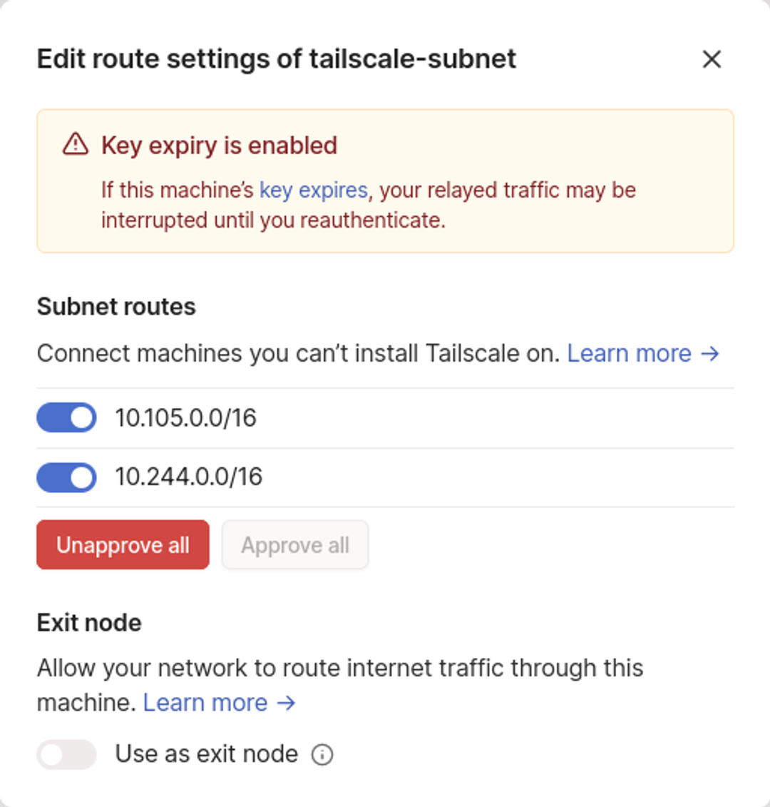 enabling subnet routes in Tailscale